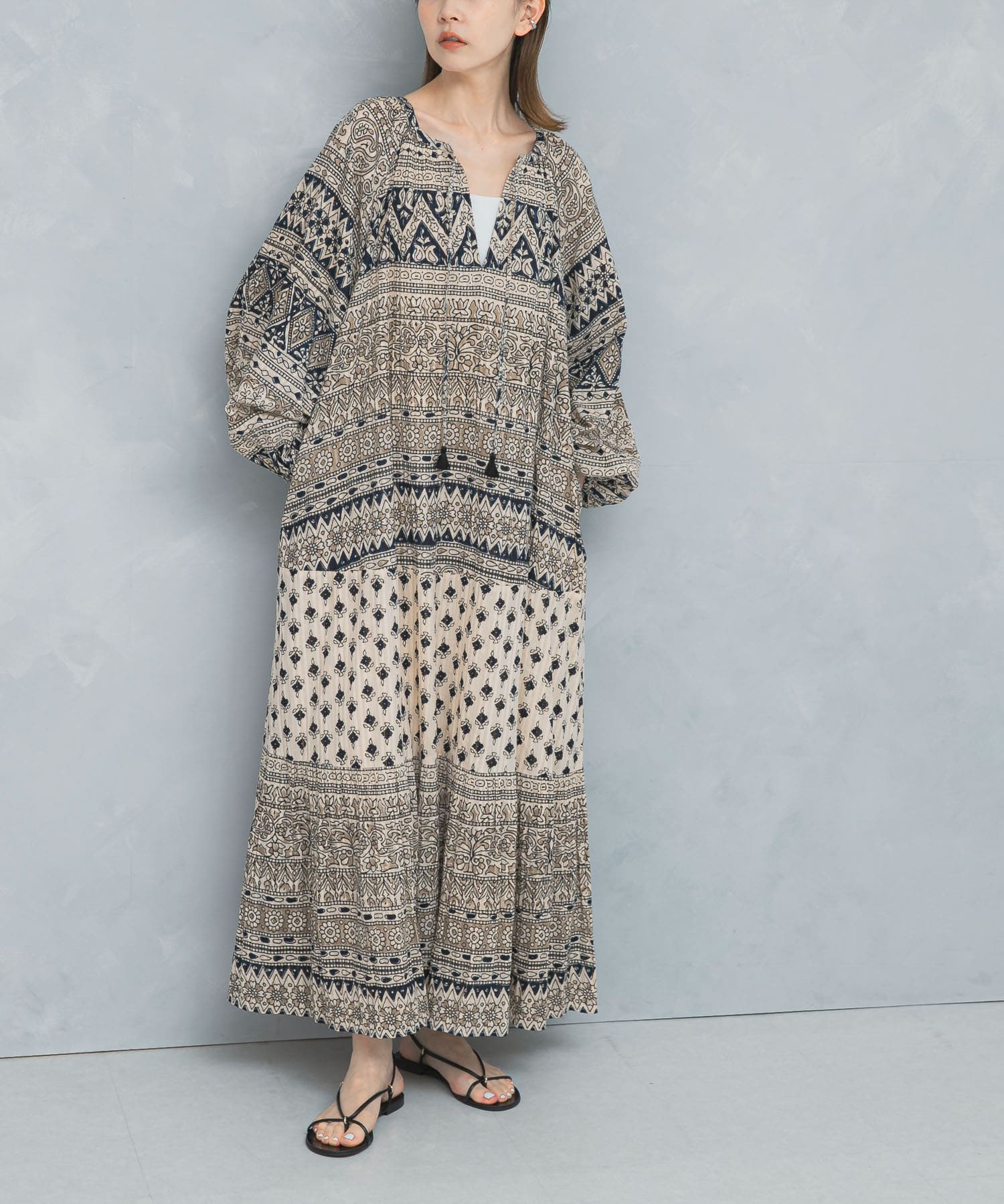 sara mallika　COTTON BORDER PRINT LONG DRESS