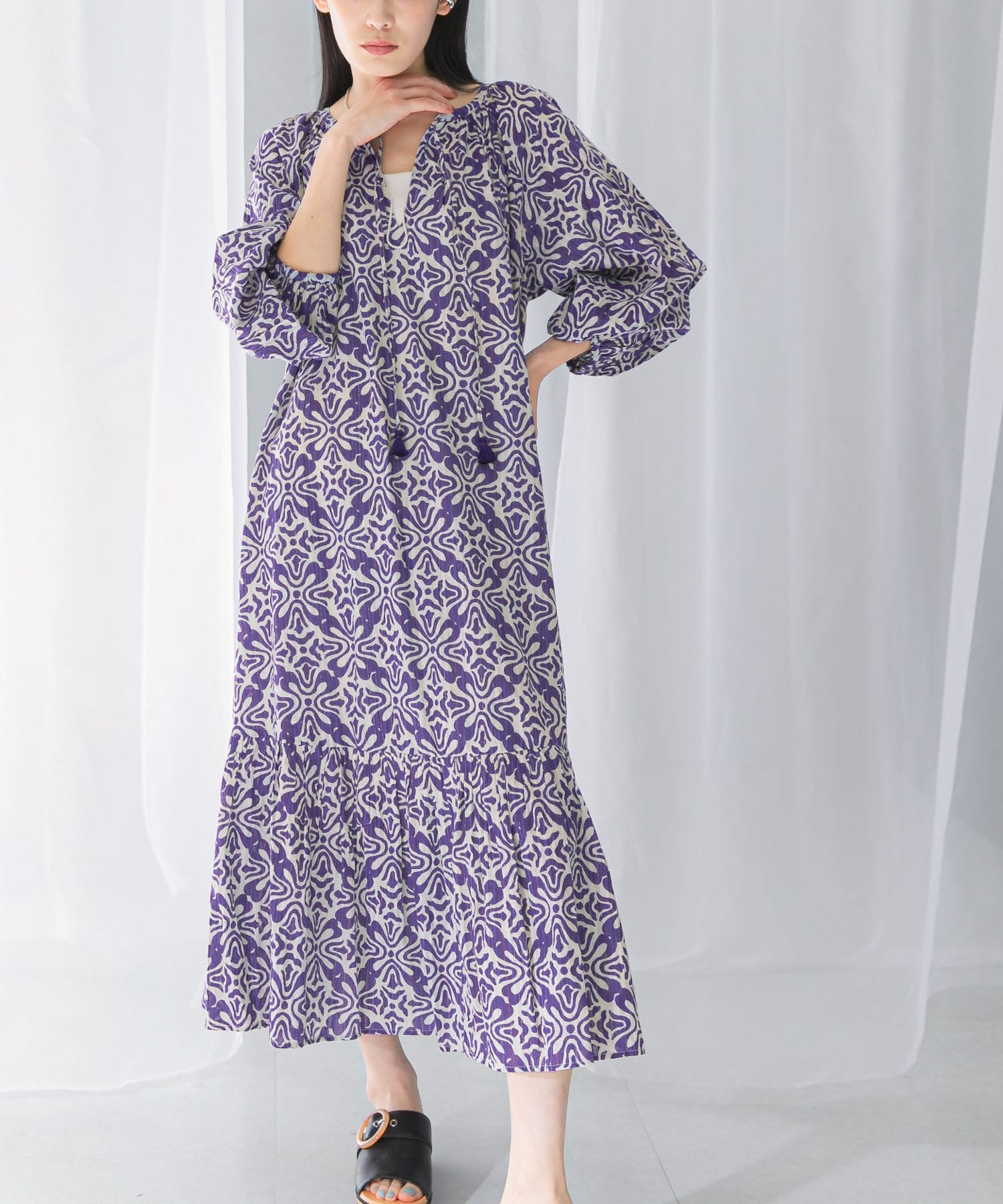 sara mallika COTTON LUREX RIPPLE PRINT DRESS(S BLUE