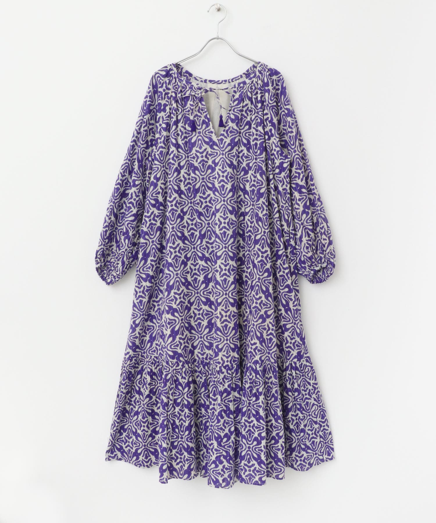 未使用級ꕥサラマリカ 今期 2025 コットンルレックスリップルプリントドレス sara mallika COTTON LUREX RIPPLE PRINT DRESS(S BLUE