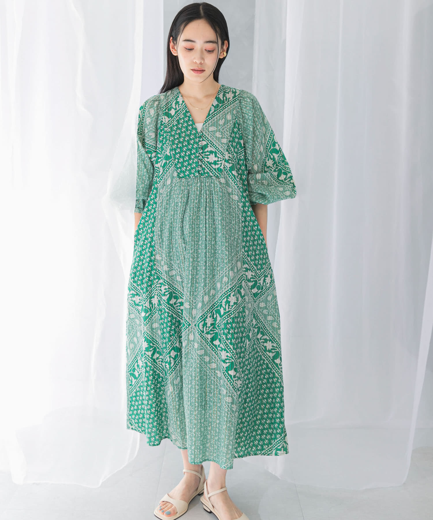 sara mallika　COTTON LUREX SCARF PRINT DRESS