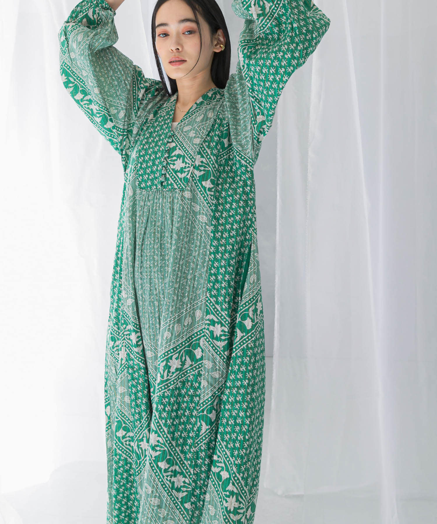 sara mallika COTTON LUREX SCARF PRINT DRESS(S GREEN