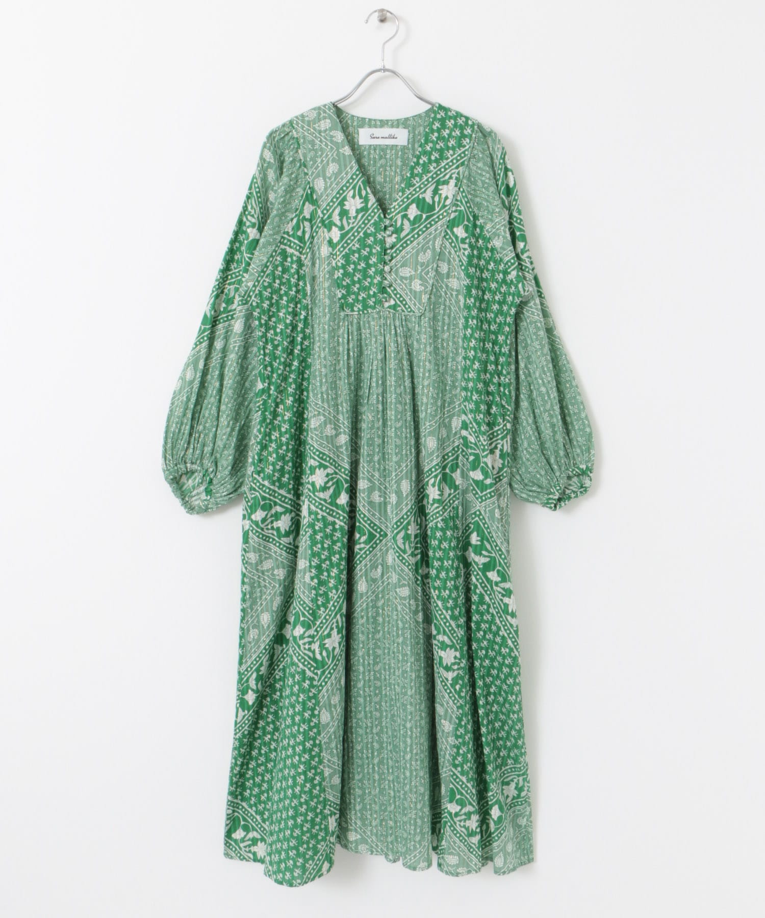 sara mallika　COTTON LUREX SCARF PRINT DRESS GREEN S