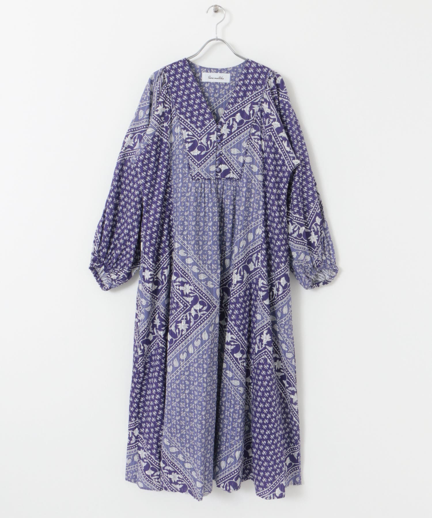 sara mallika　COTTON LUREX SCARF PRINT DRESS BLUE S