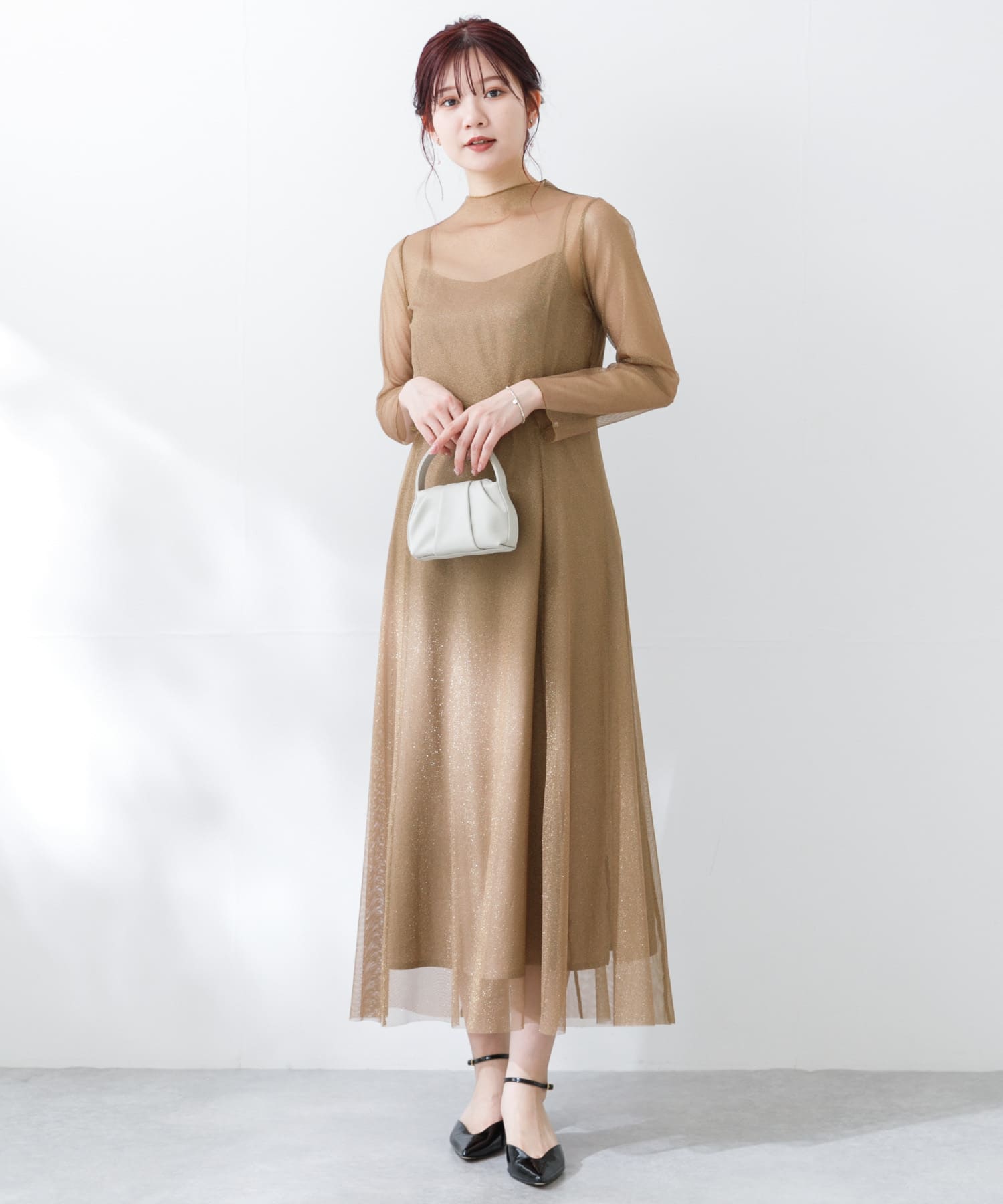kaene ラメチュールメロウワンピース(38 browngold): ドレスライン