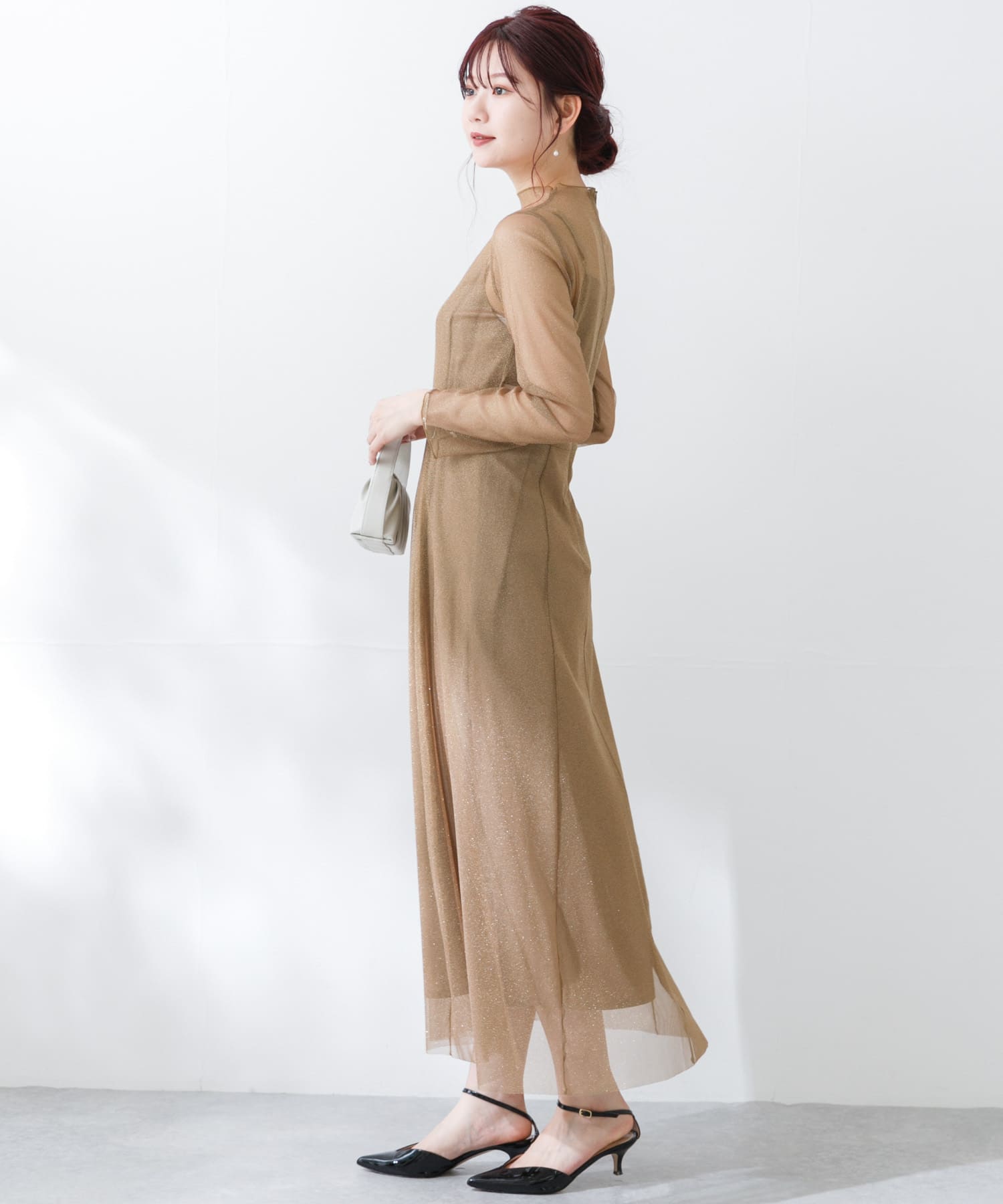 kaene ラメチュールメロウワンピース(38 browngold): ドレスライン