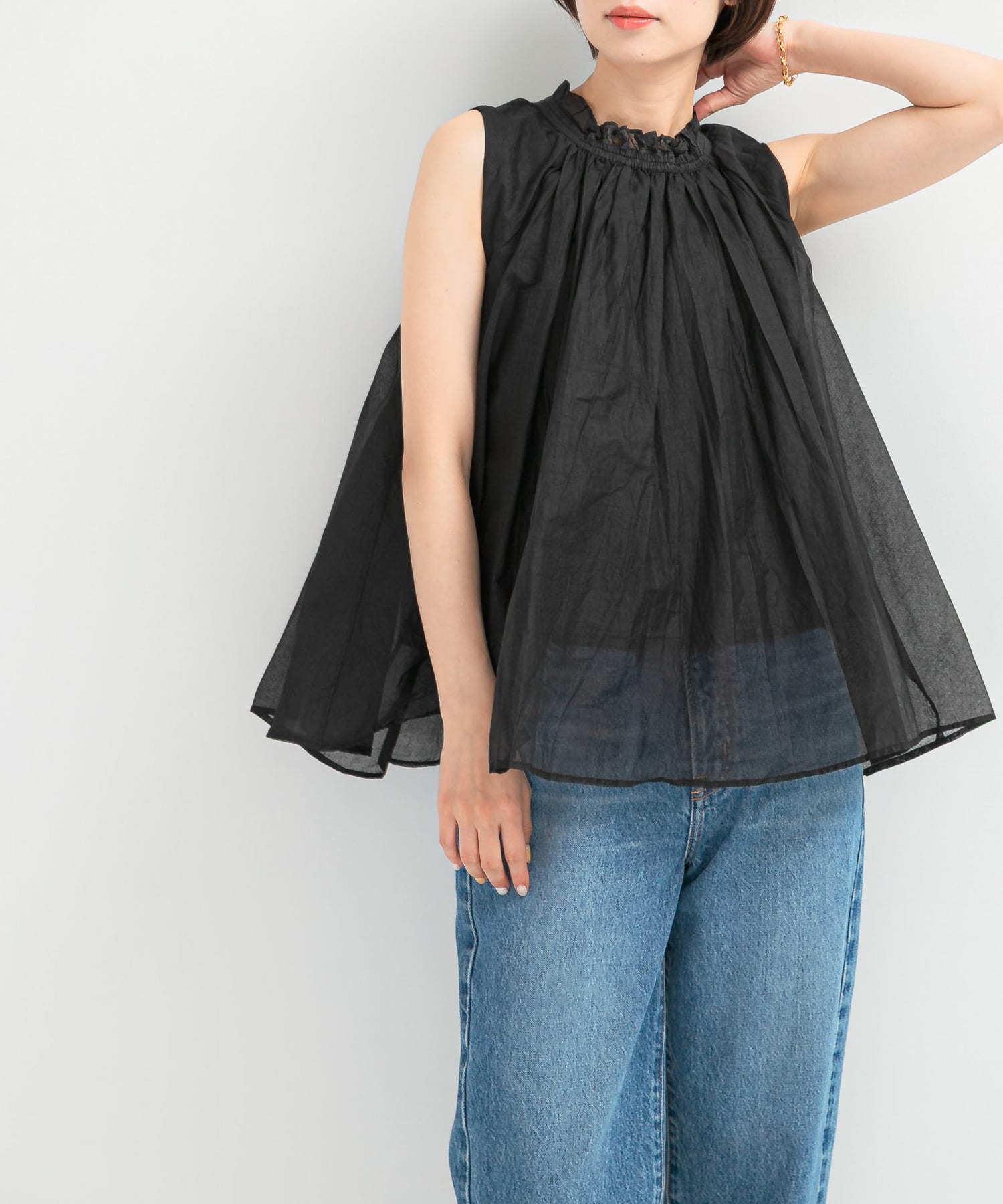 MARILYN MOON　sheer cotton gather blouse
