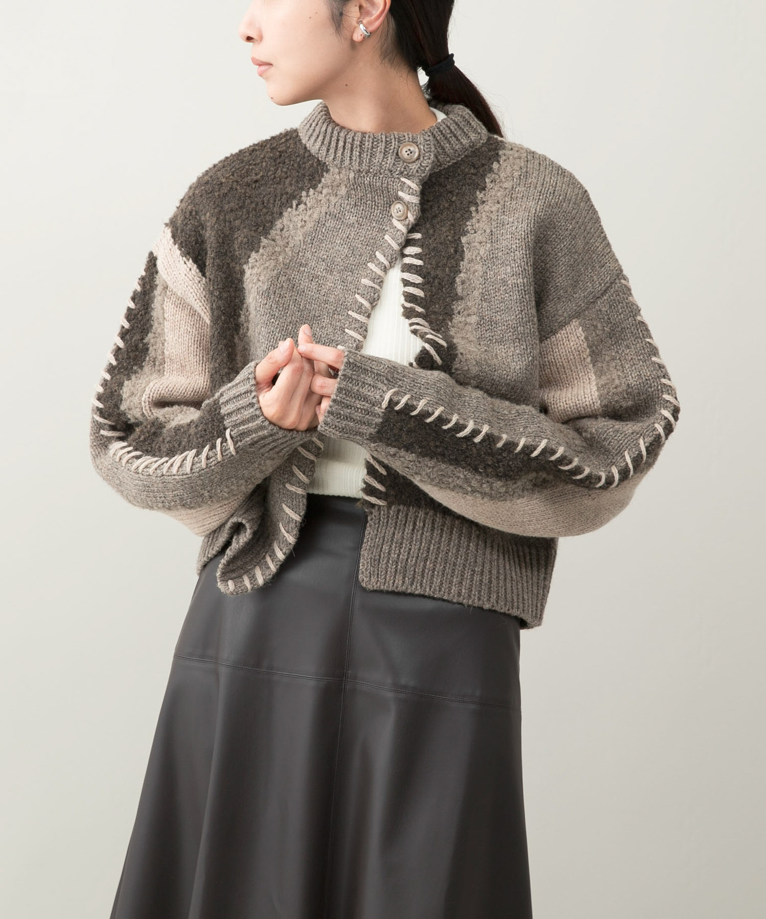『別注』leinwande×ROSSO　Intarsia Patctwork Cardigan Beige FREE