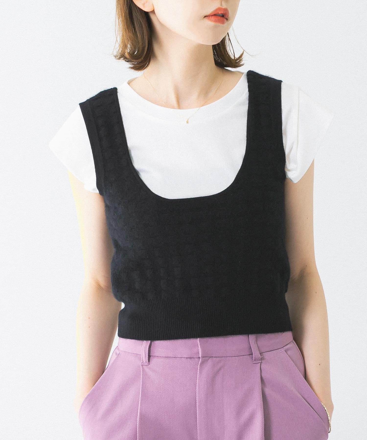 w cashmere　blockpattern shorttank-top