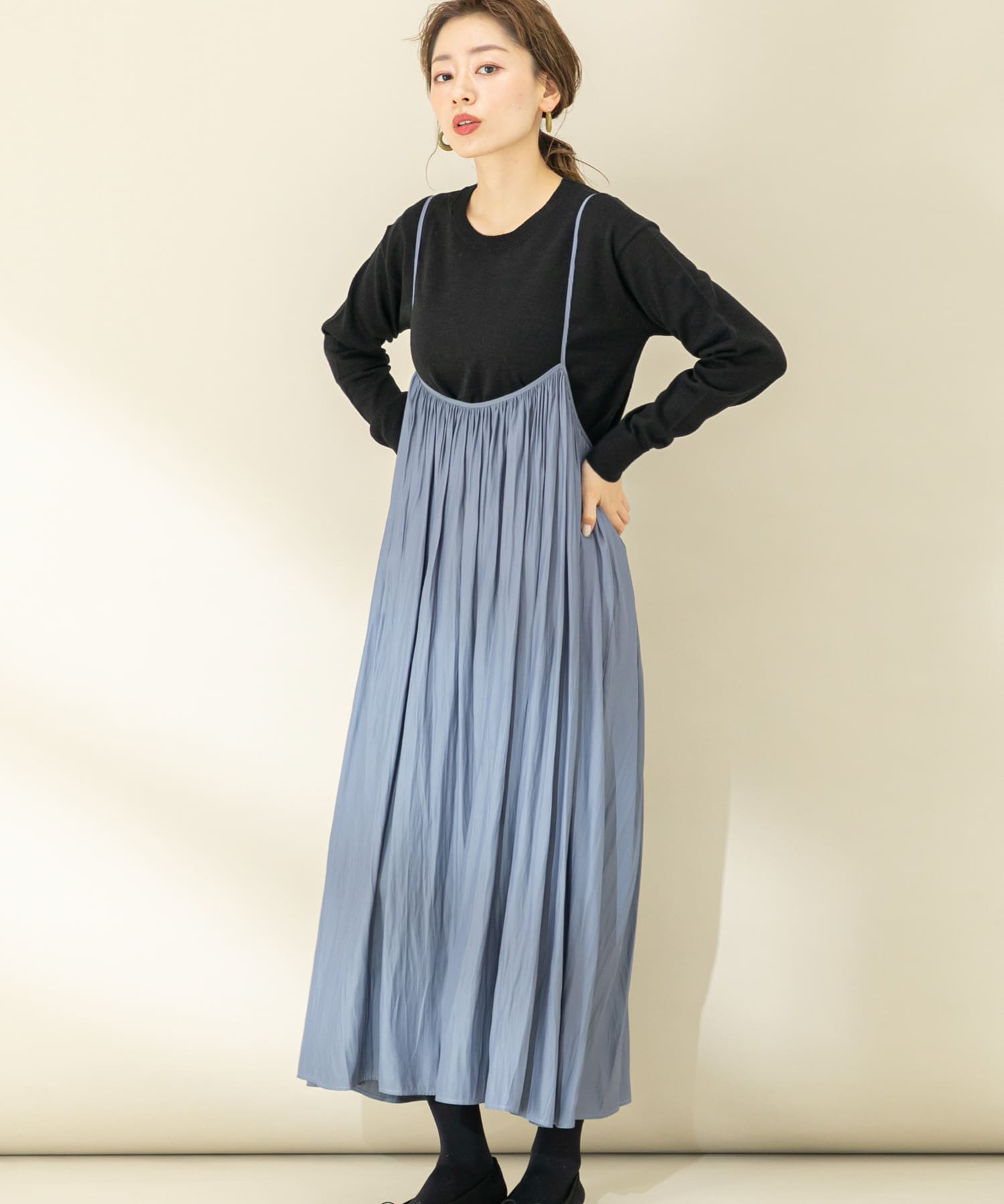 プリーツキャミワンピ×クルーニット