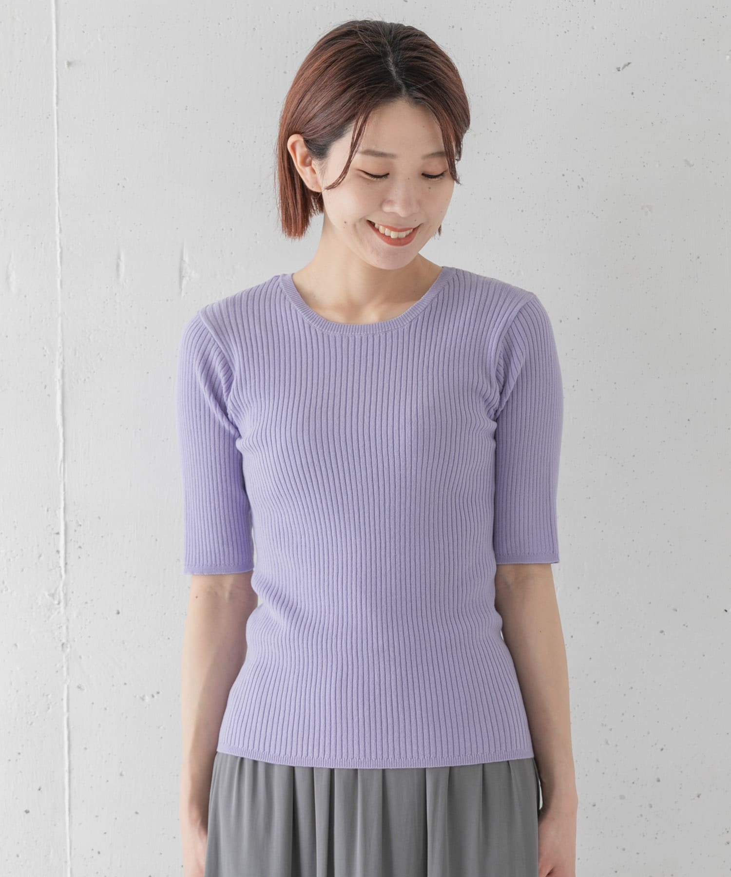 ベーシックリブニットTシャツ ライトパープル FREE