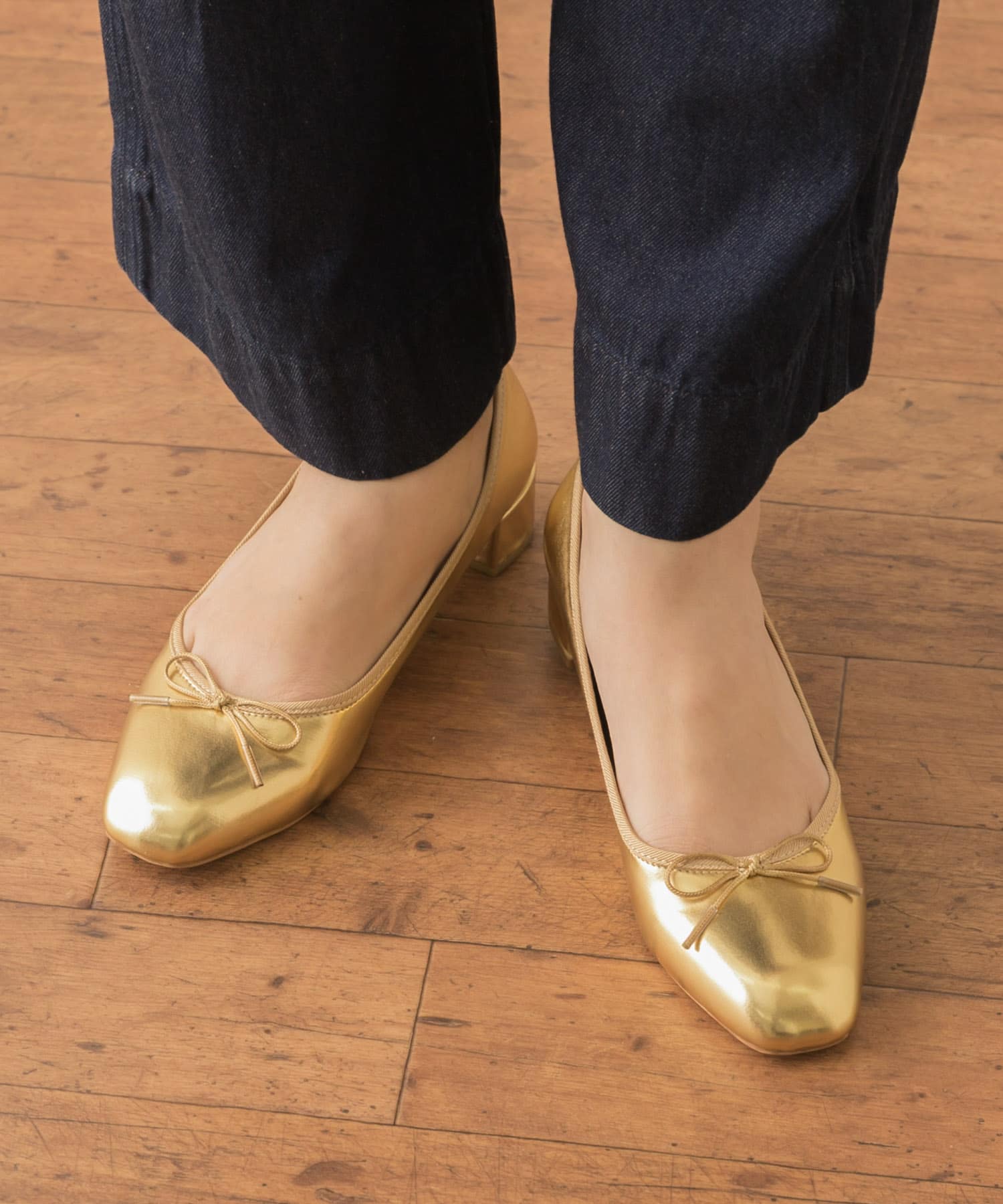 メタリックヒールバレエシューズ ゴールド 36