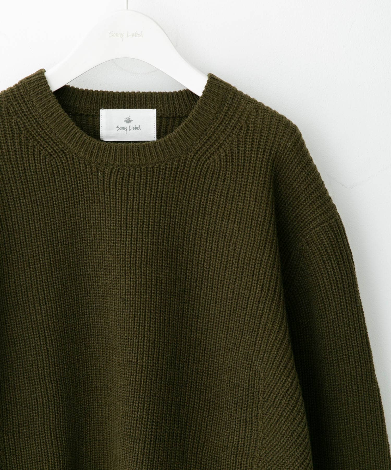 ウォッシャブルウール混クルーネックニット カーキ M