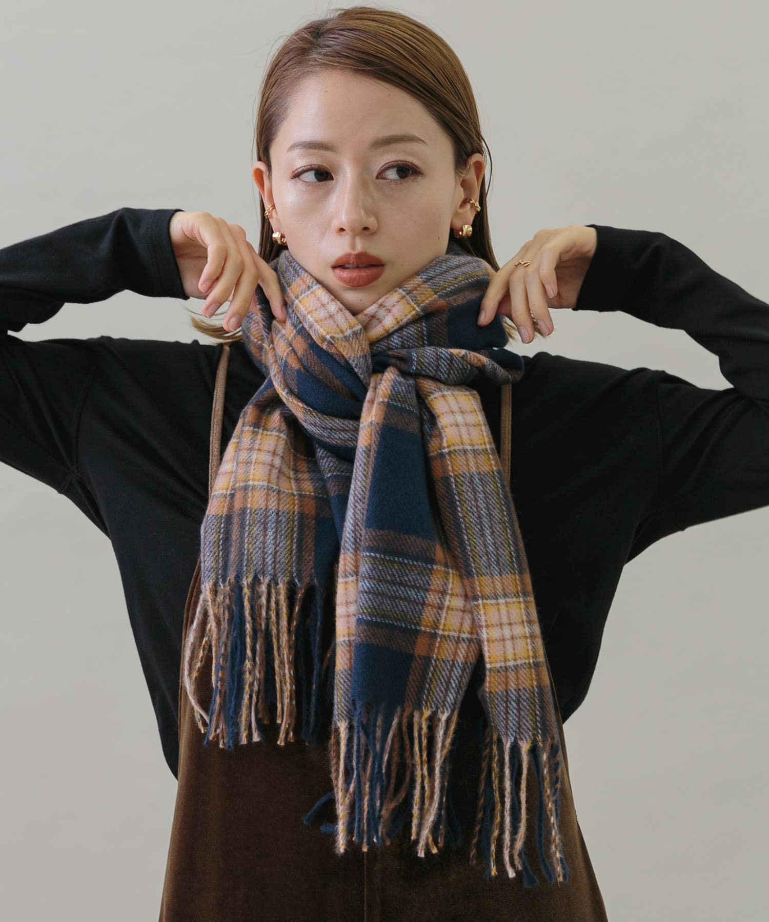 カシミヤタッチチェックストール ネイビー系 one