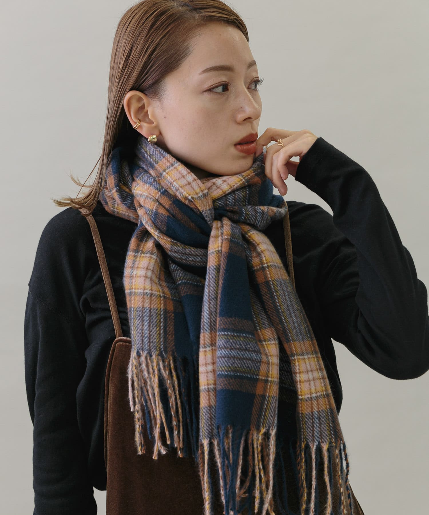 カシミヤタッチチェックストール ネイビー系 one