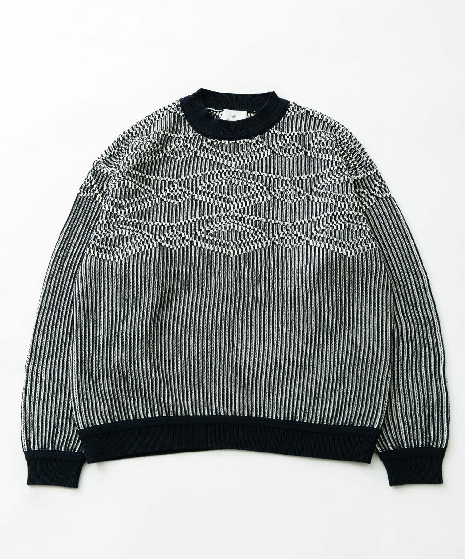 ジャガードクルーネックニットプルオーバー ネイビー M