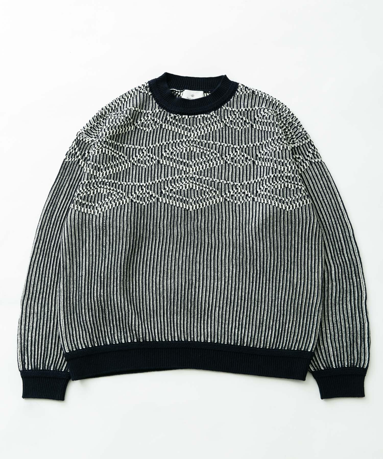 ジャガードクルーネックニットプルオーバー ネイビー M