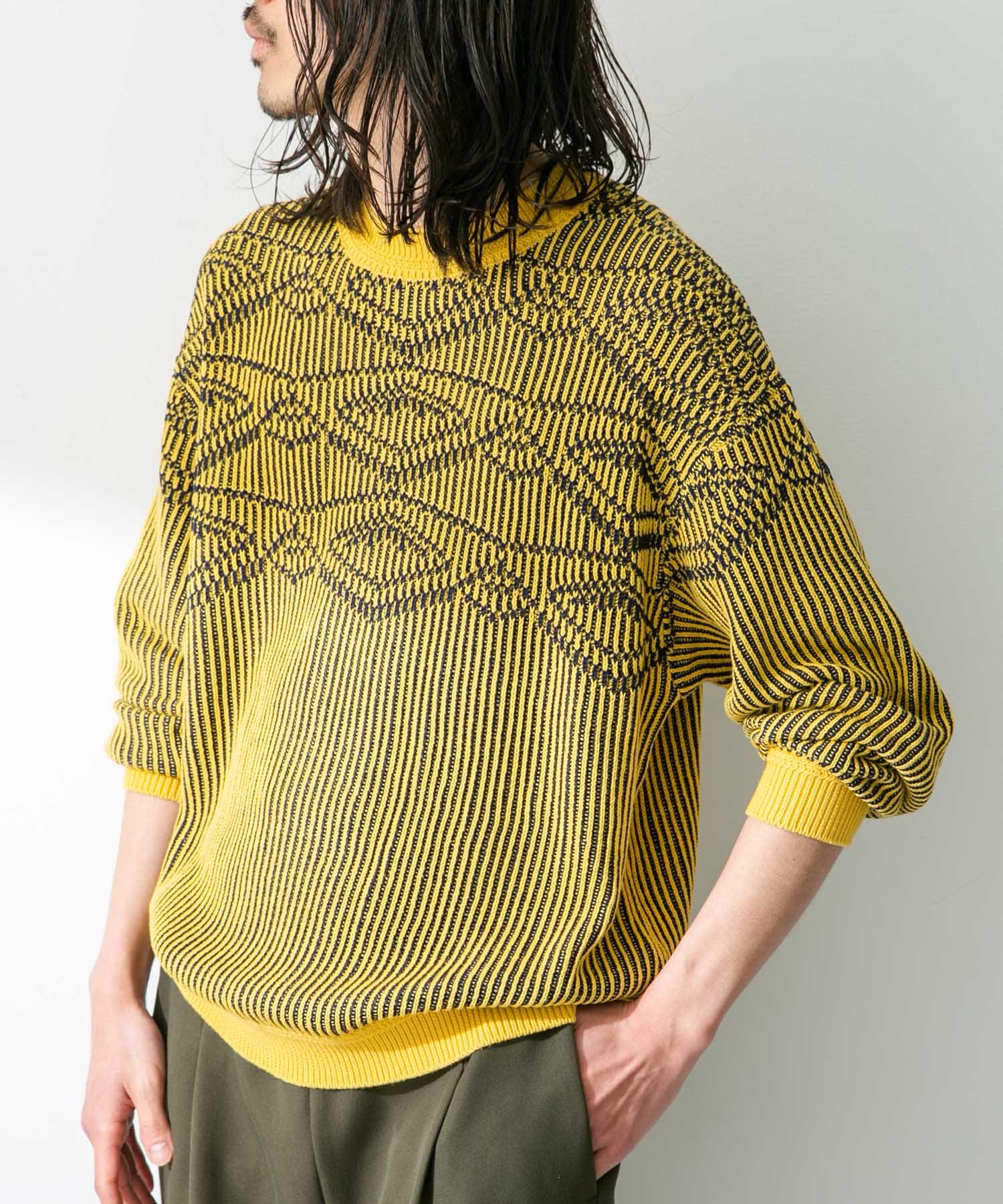 ジャガードクルーネックニットプルオーバー イエロー M