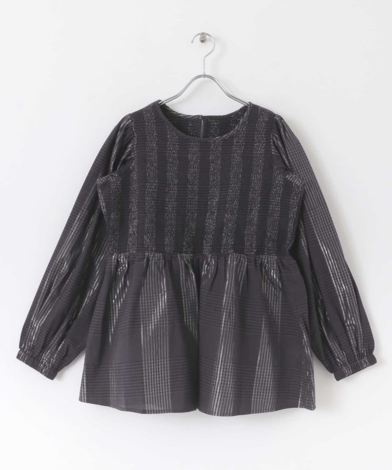 シャーリングシャイニーチェックブラウス ブラック系 FREE