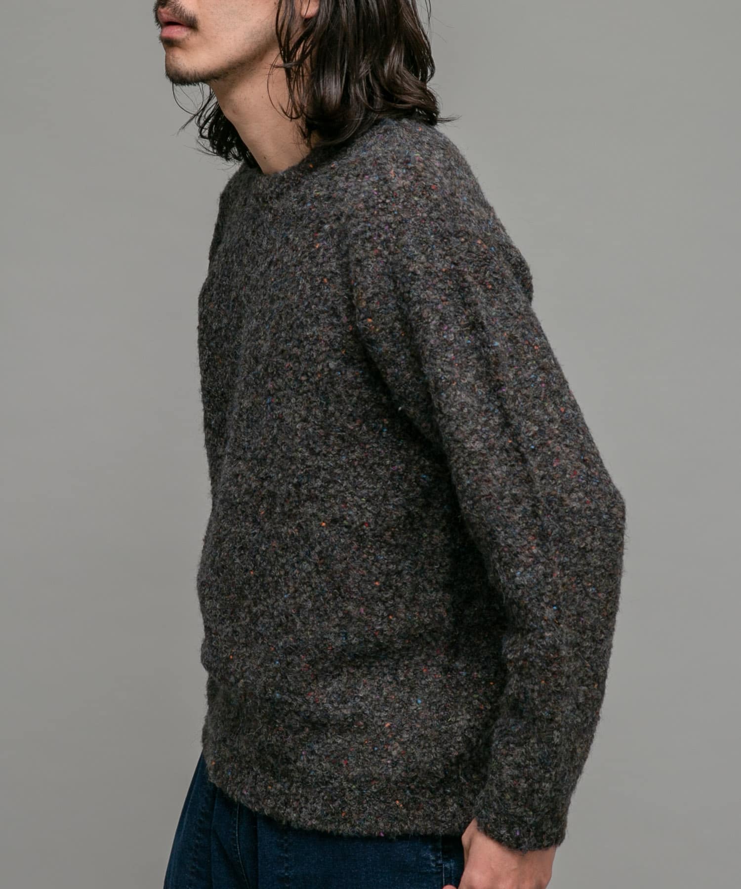 ミックスカラーブークレニットプルオーバー(M ライトグレー