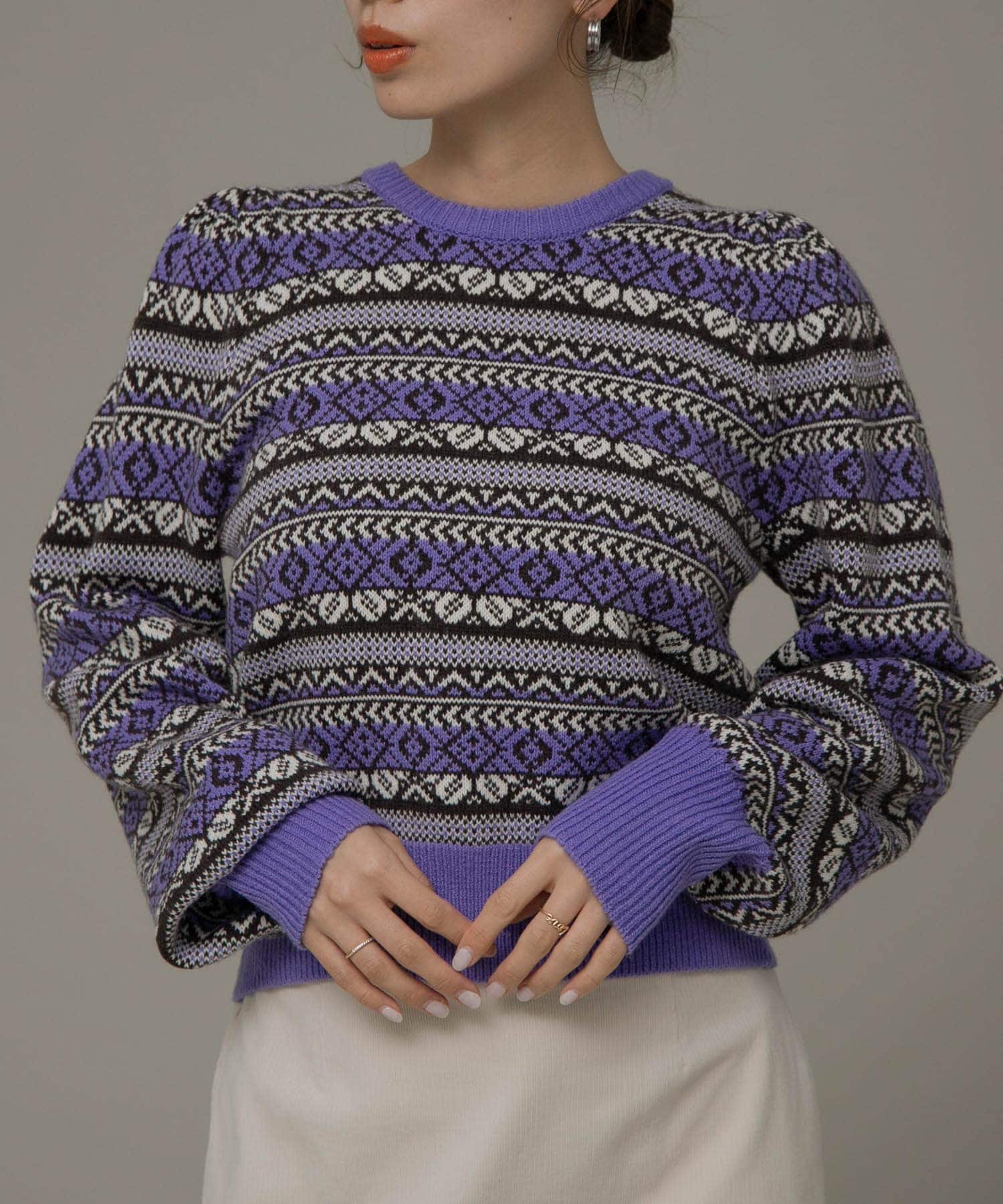 フェアアイル柄パフスリニットプルオーバー