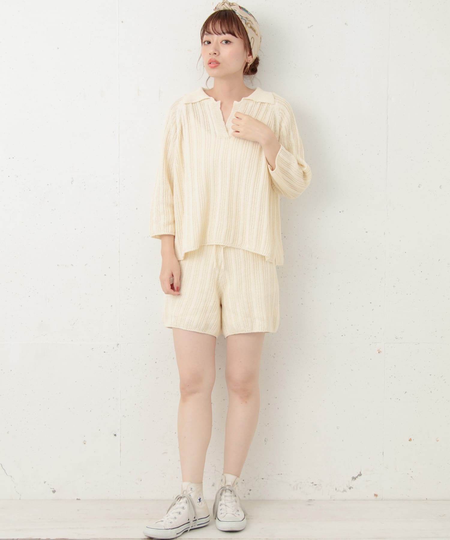 リネンコットン畦ニットパンツ∴ オフ FREE
