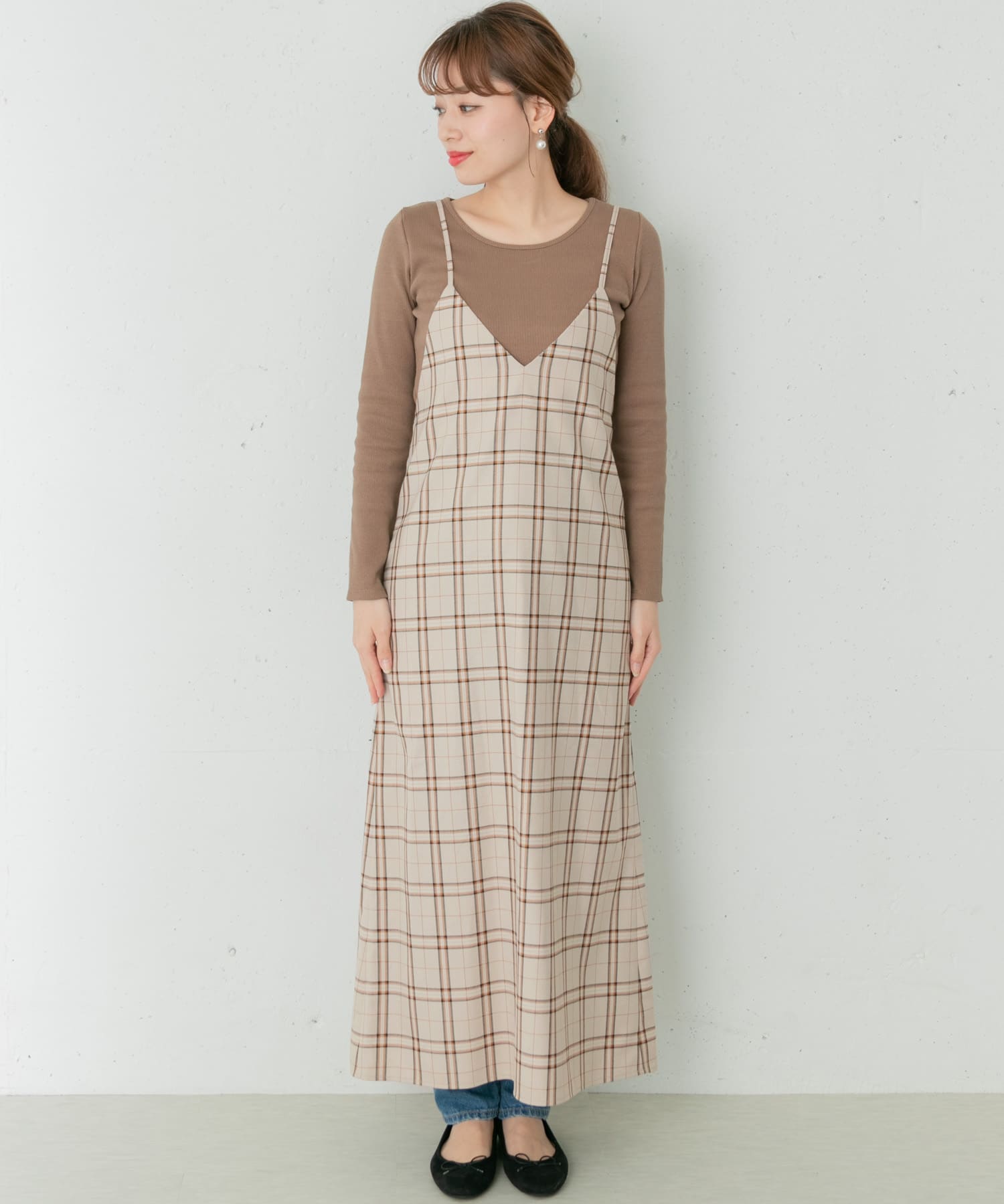 バックレースアップキャミワンピース チェック FREE