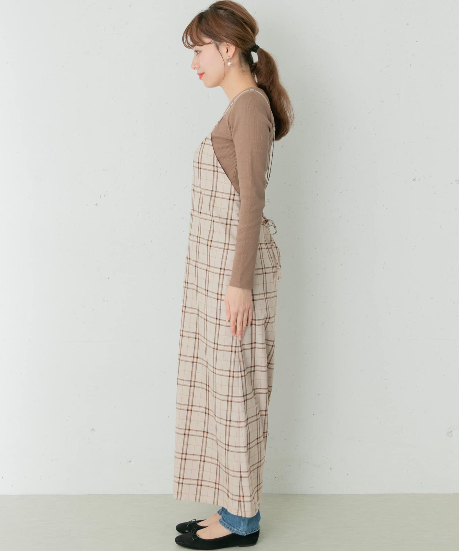 バックレースアップキャミワンピース チェック FREE