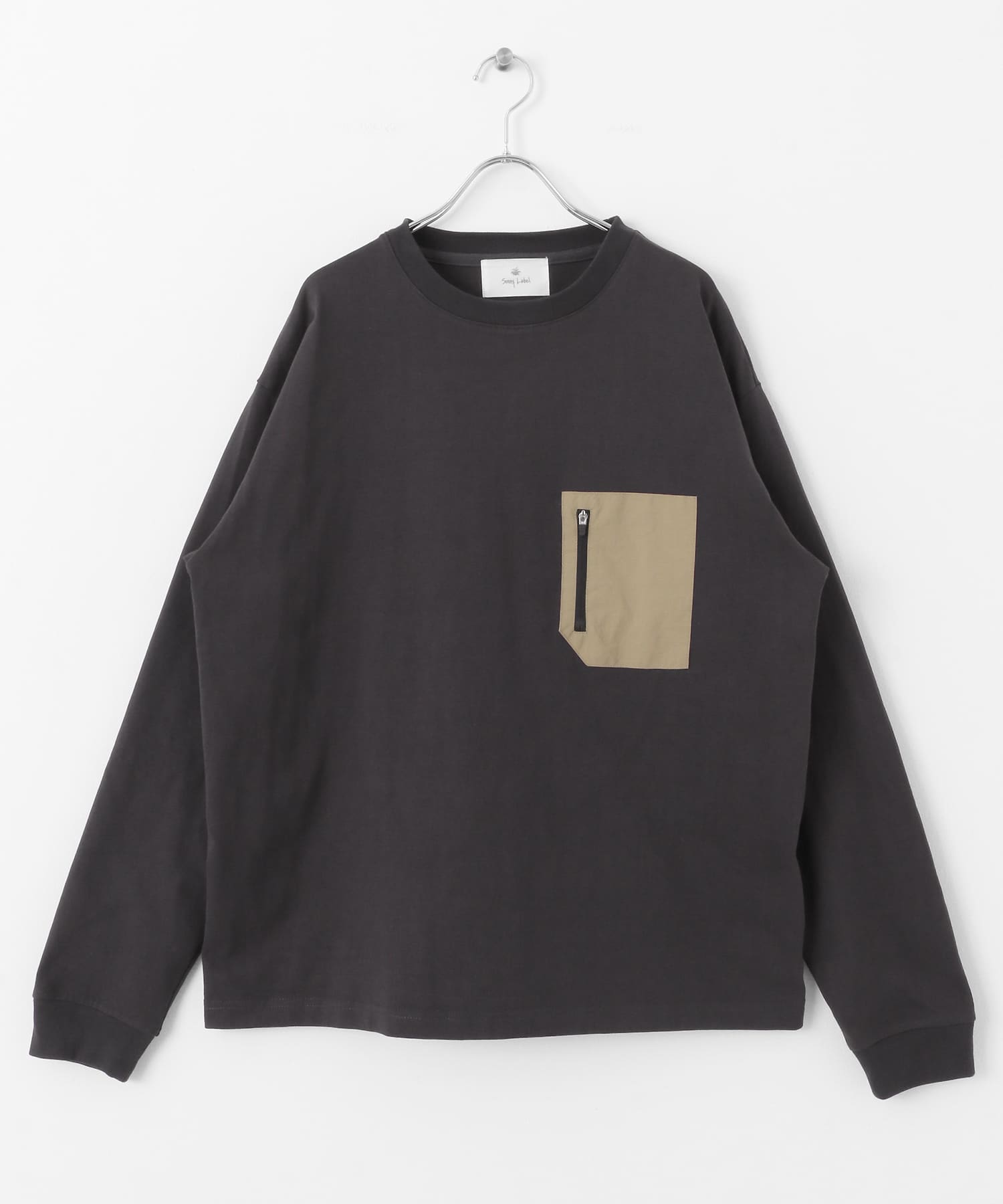 ナイロンポケット切替ロングスリーブTシャツ チャコール M