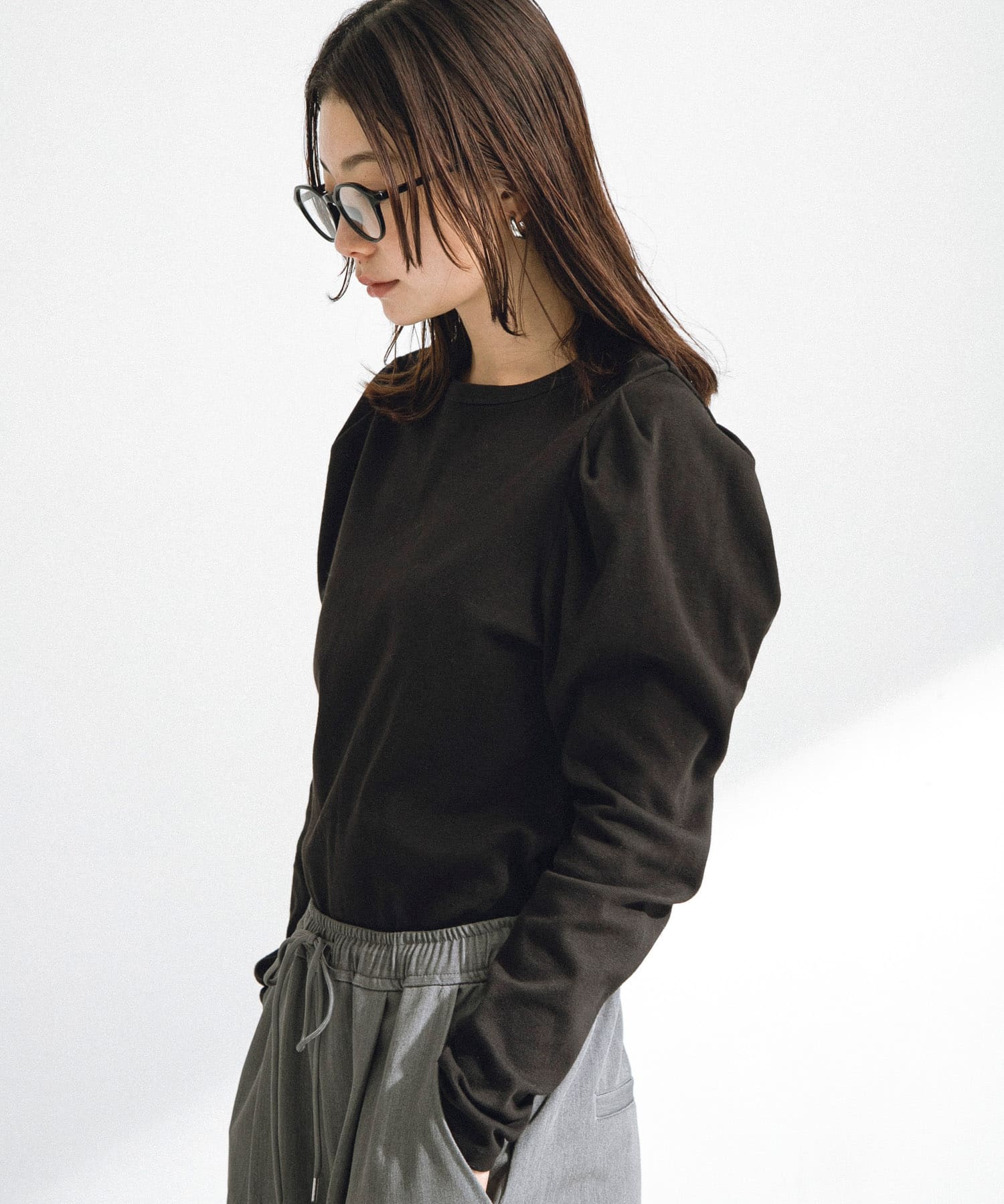 パフスリーブフライス/ジャガードロングTシャツ