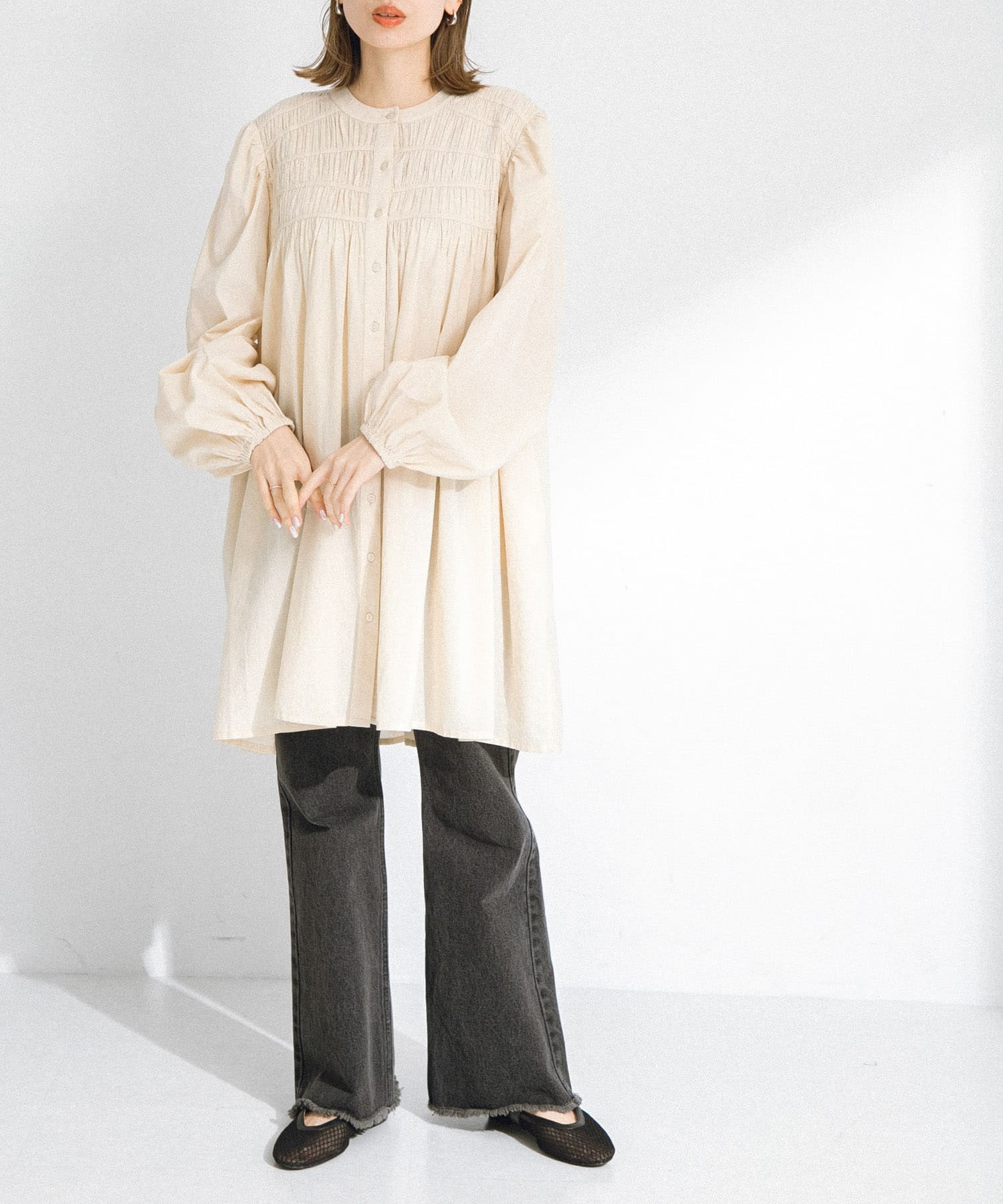 コットンギャザーチュニックブラウスミニワンピース