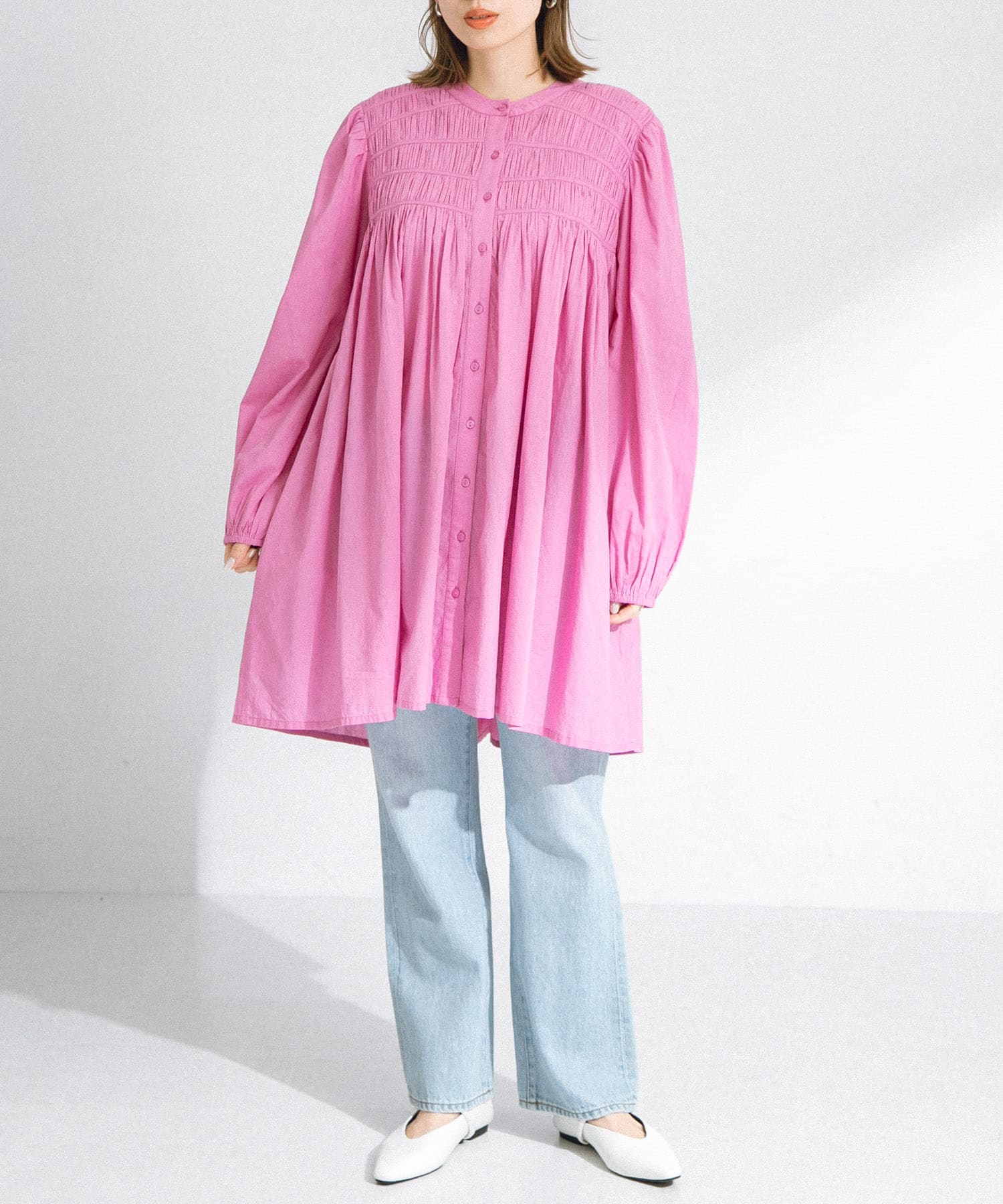 コットンギャザーチュニックブラウスミニワンピース