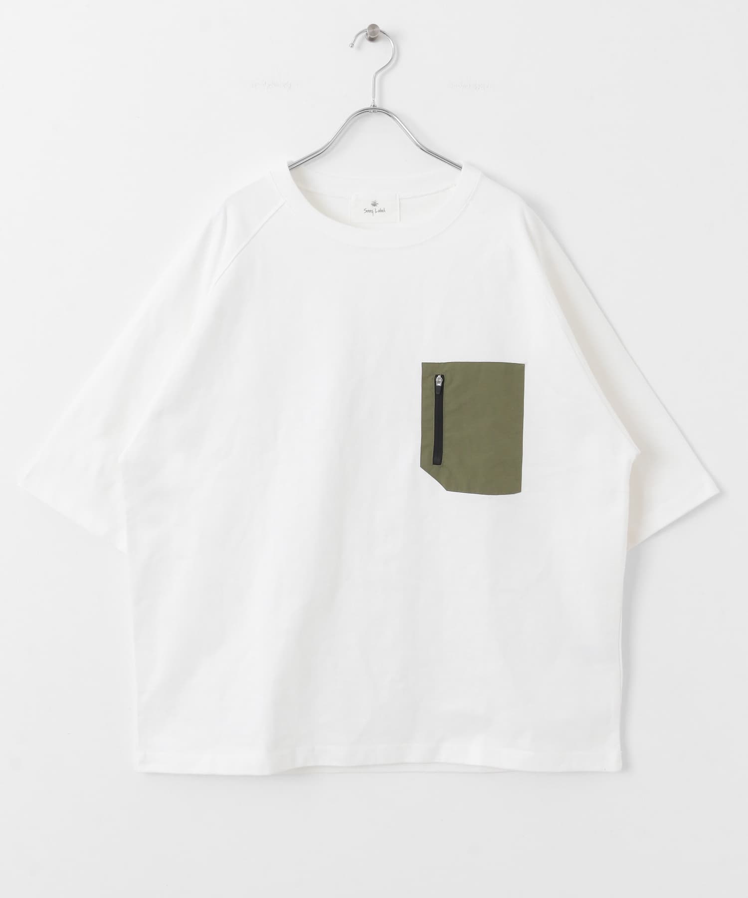 ナイロンポケット切替ハーフスリーブTシャツ ホワイト×カーキ M