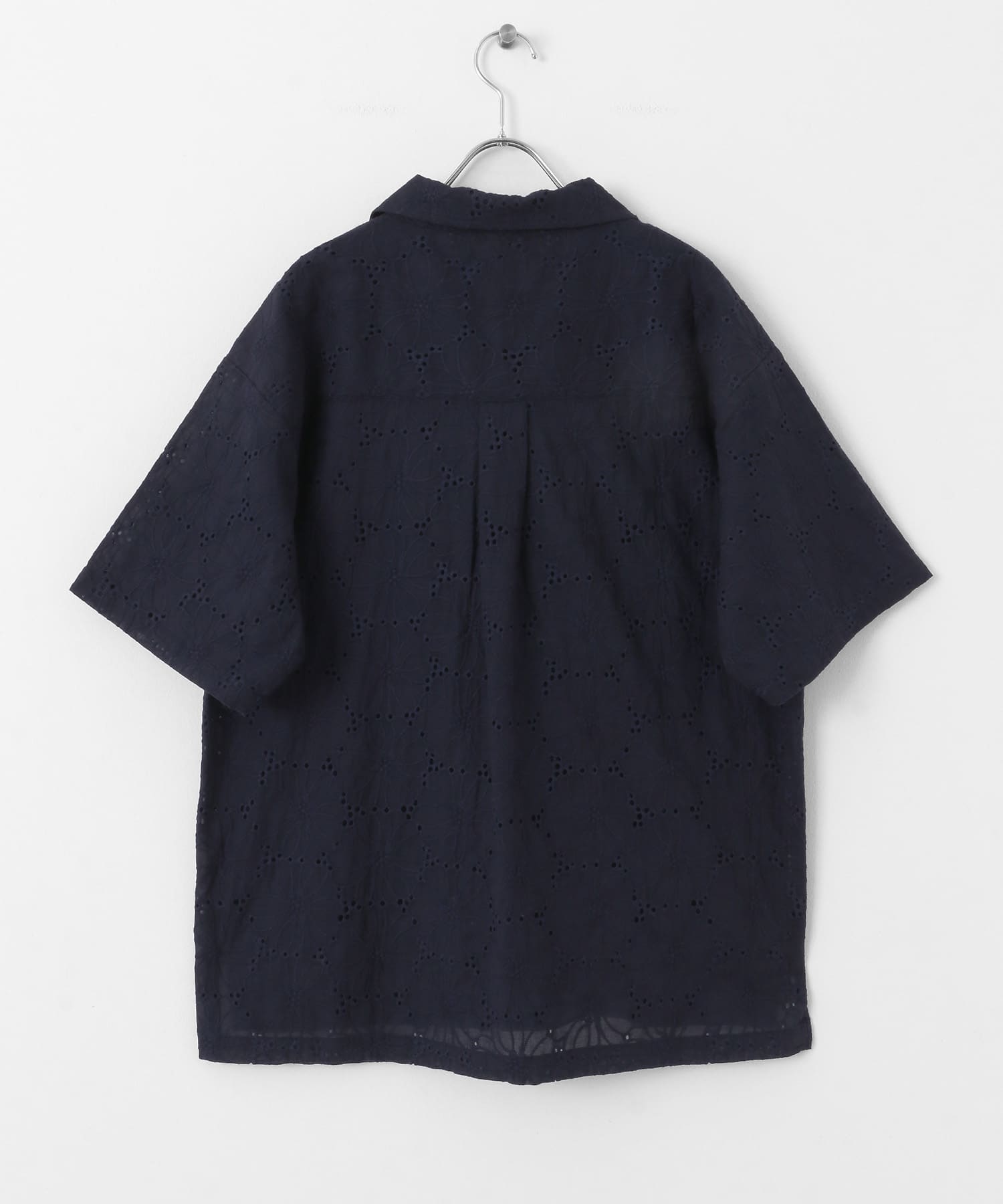 レース刺繍ショートスリーブシャツ ネイビー M