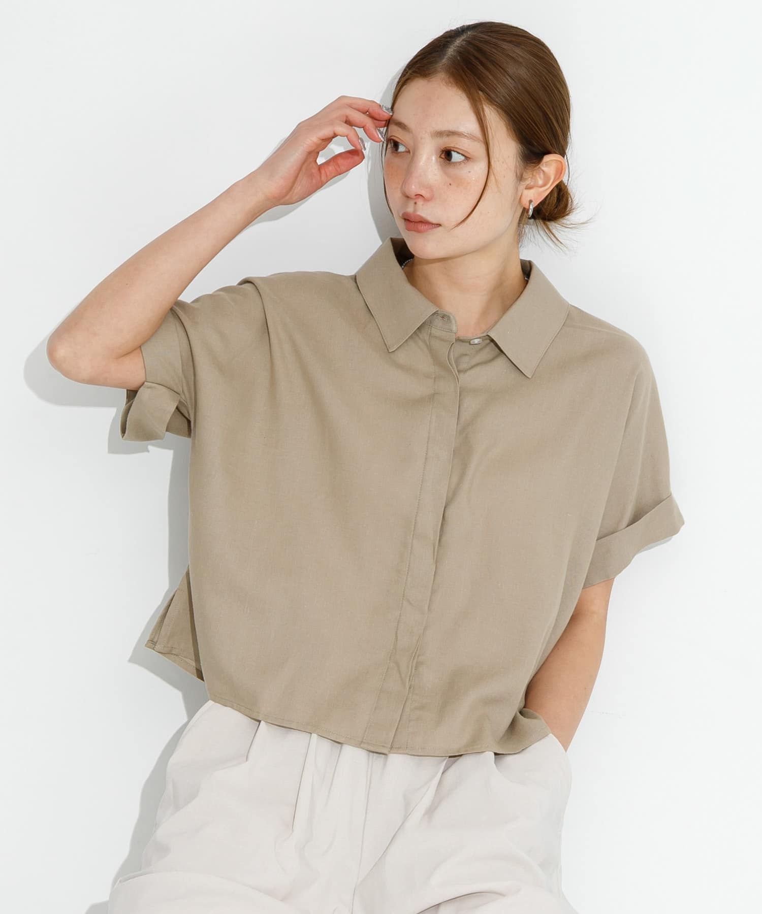 リネン混クロップドドルマンシャツ