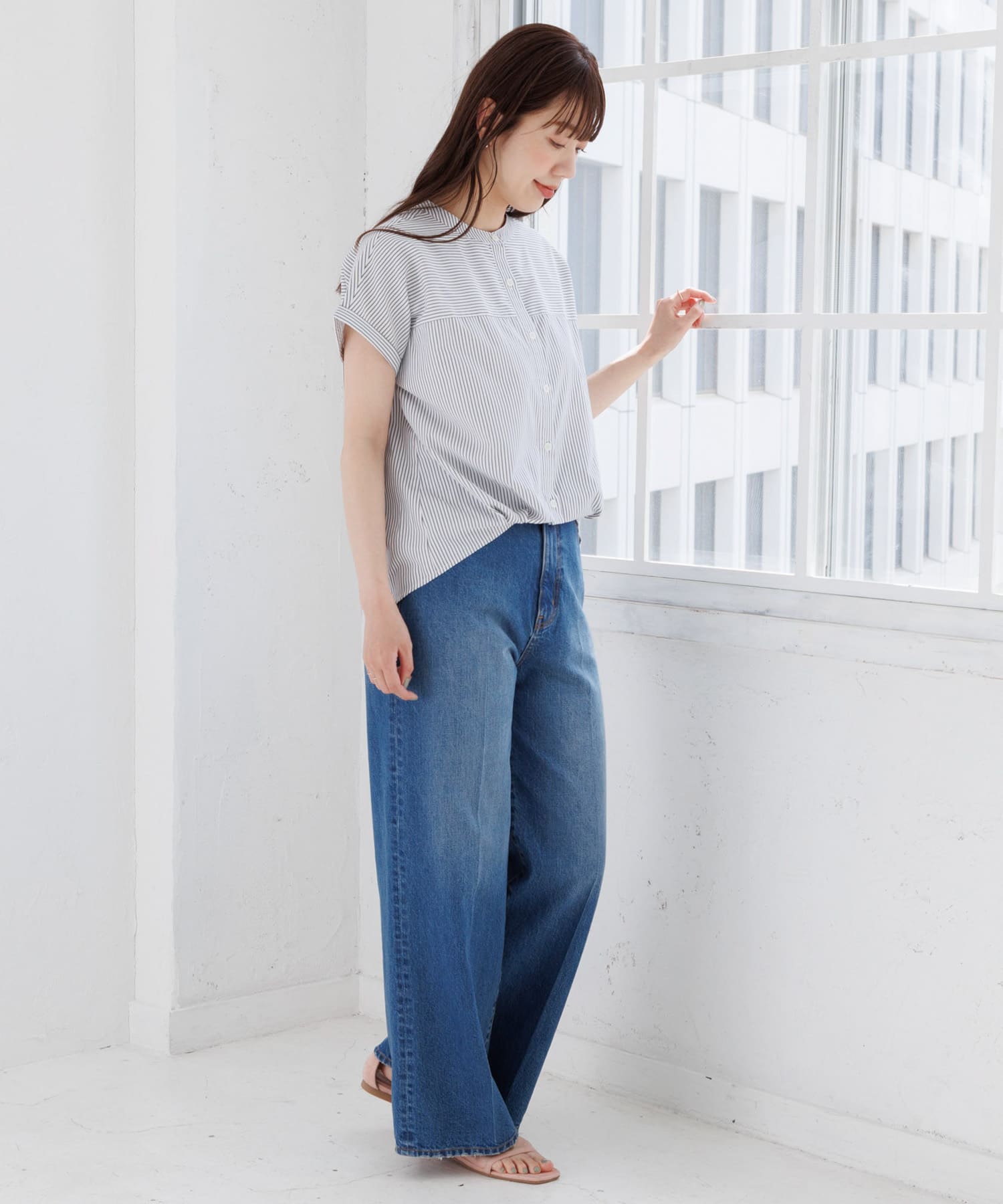 フロントタックフレンチスリーブシャツ(FREE WHT×BLK): トップス