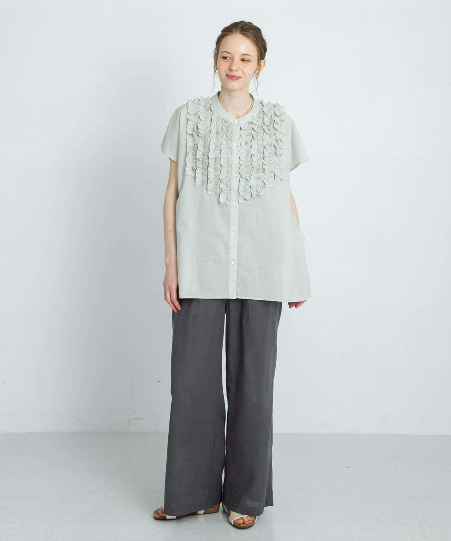 エアリーコットンフリルフレンチシャツブラウス(FREE ミント