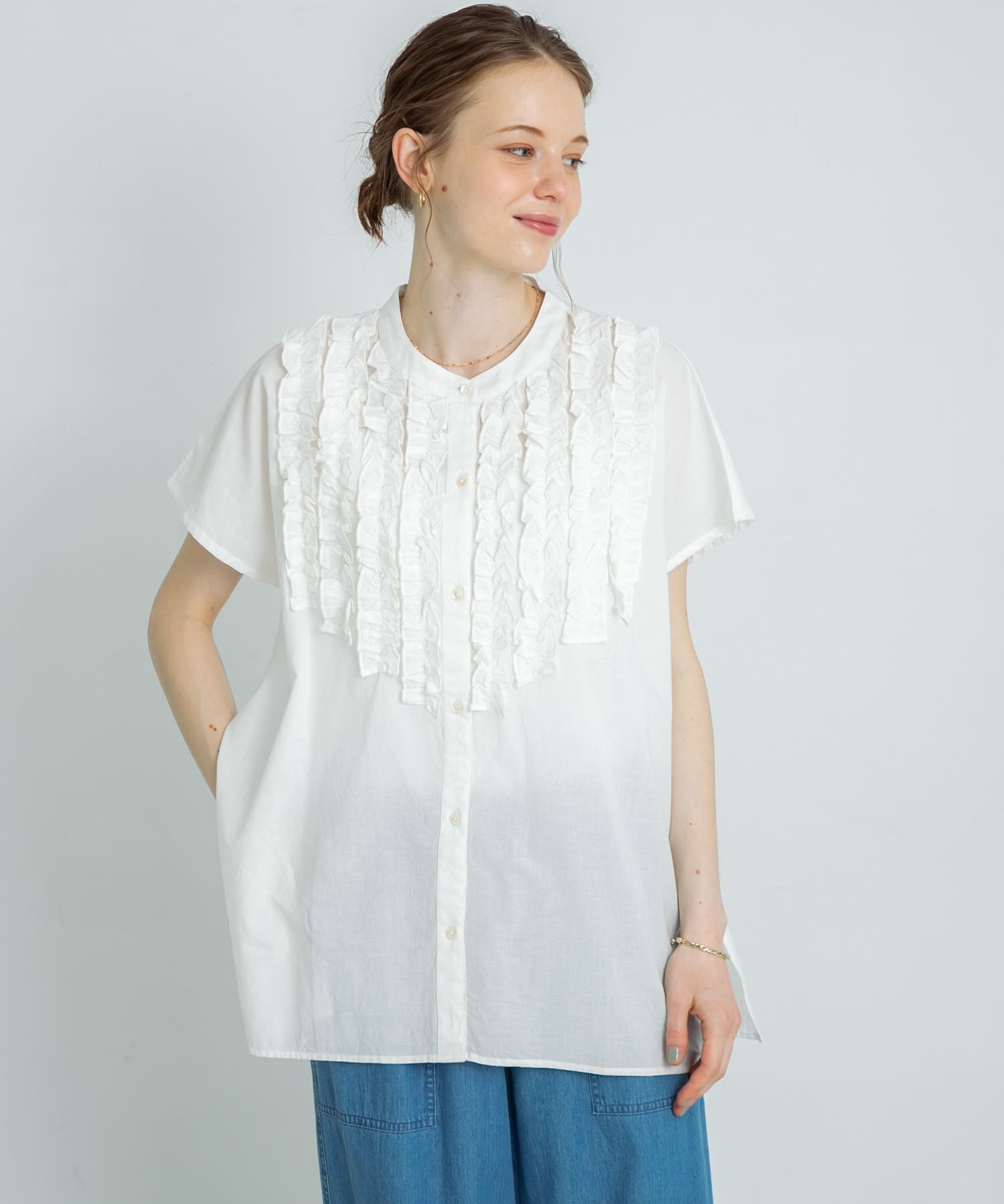 エアリーコットンフリルフレンチシャツブラウス