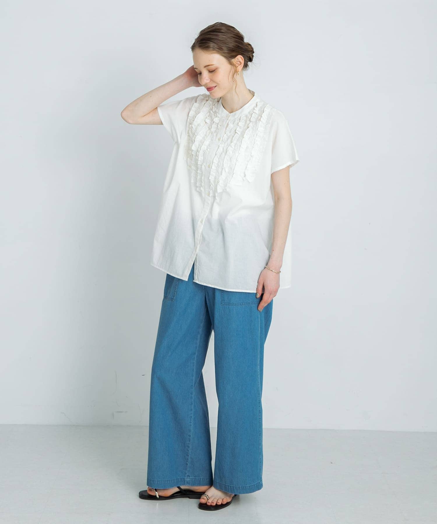 エアリーコットンフリルフレンチシャツブラウス(FREE ミント