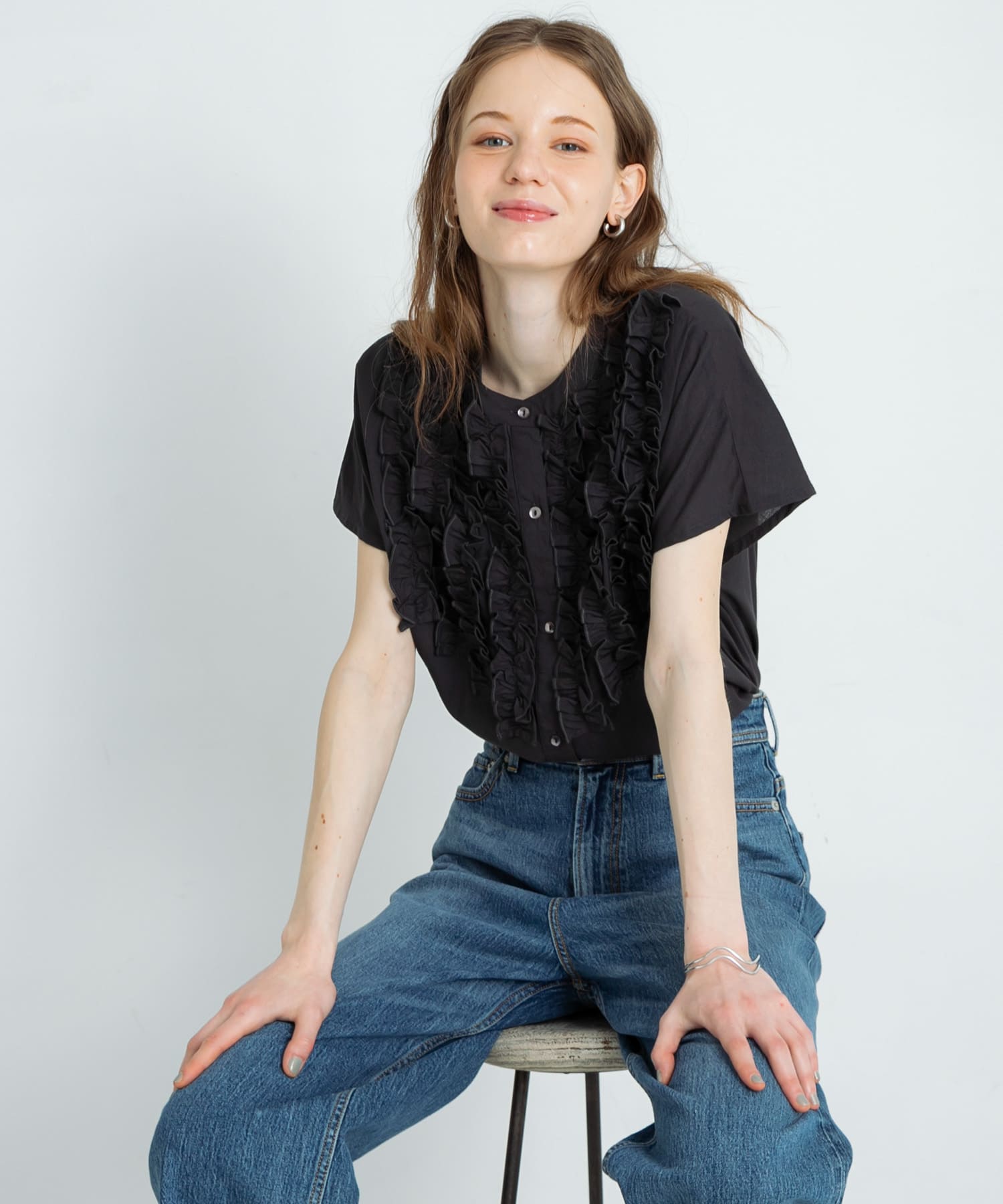 エアリーコットンフリルフレンチシャツブラウス