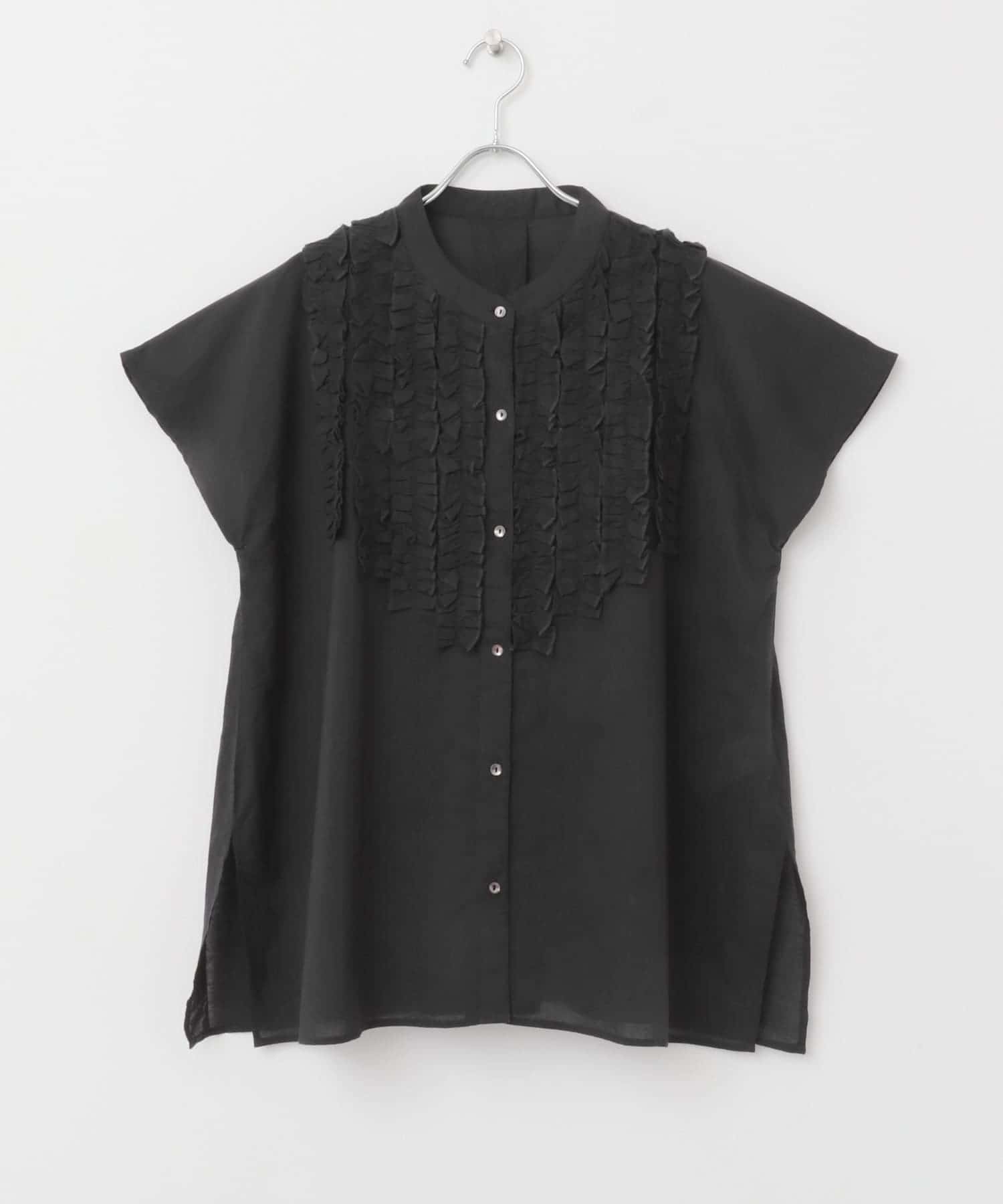 エアリーコットンフリルフレンチシャツブラウス ブラック FREE