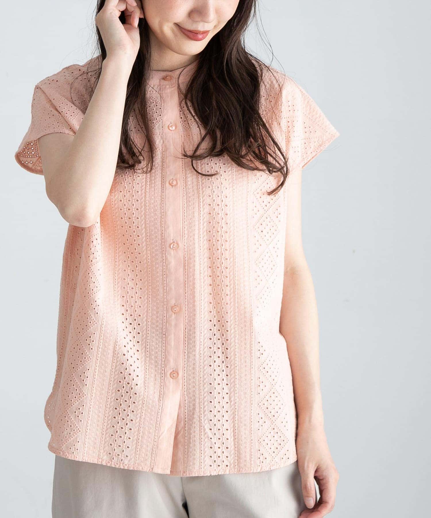 『WEB限定』バンドカラーコットンレースシャツ