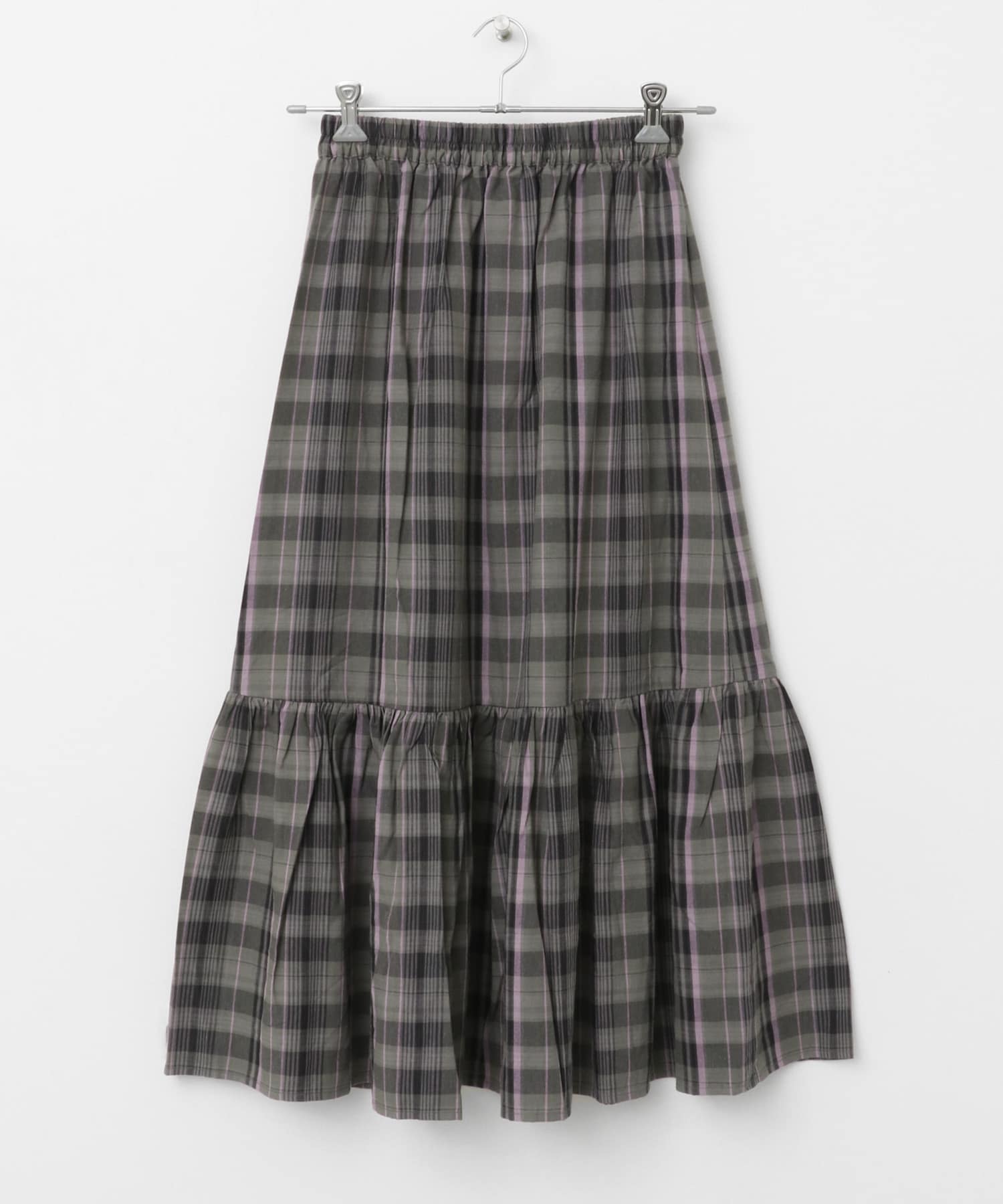 リネン混マドラスチェックスカート グレー系 FREE