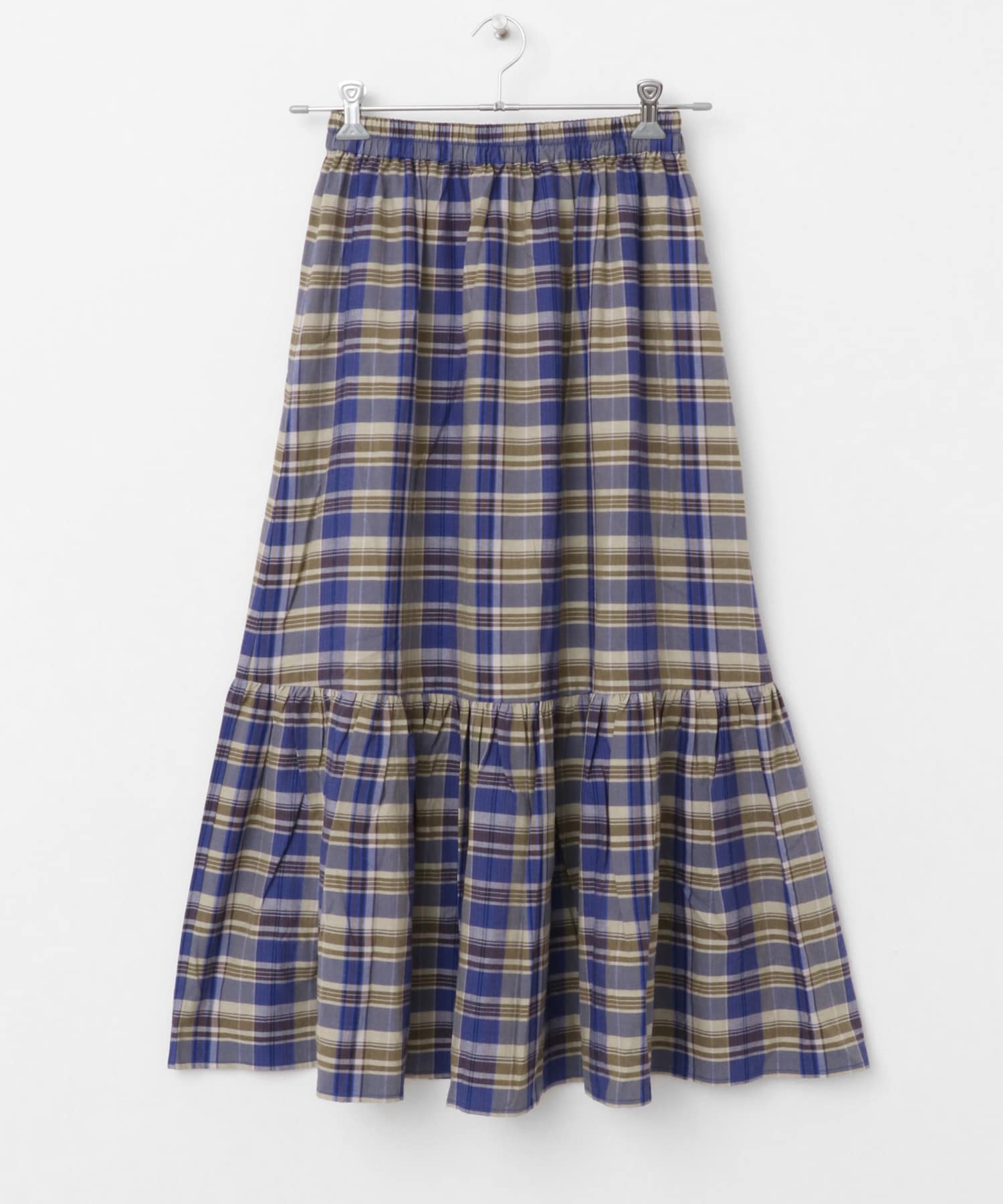 リネン混マドラスチェックスカート ブルー系 FREE