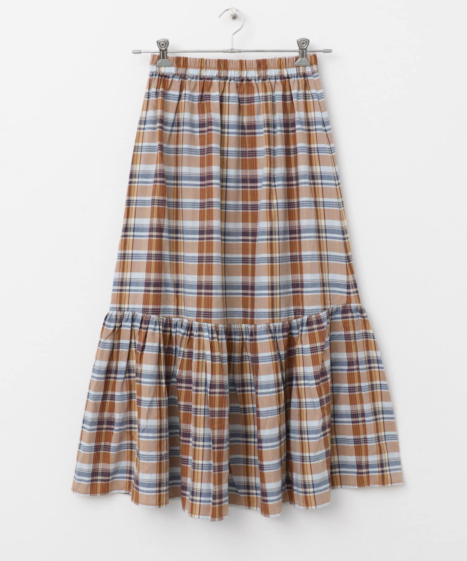 リネン混マドラスチェックスカート オレンジ系 FREE