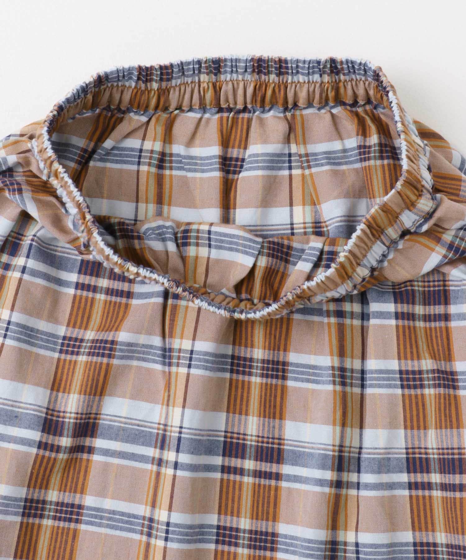 リネン混マドラスチェックスカート オレンジ系 FREE