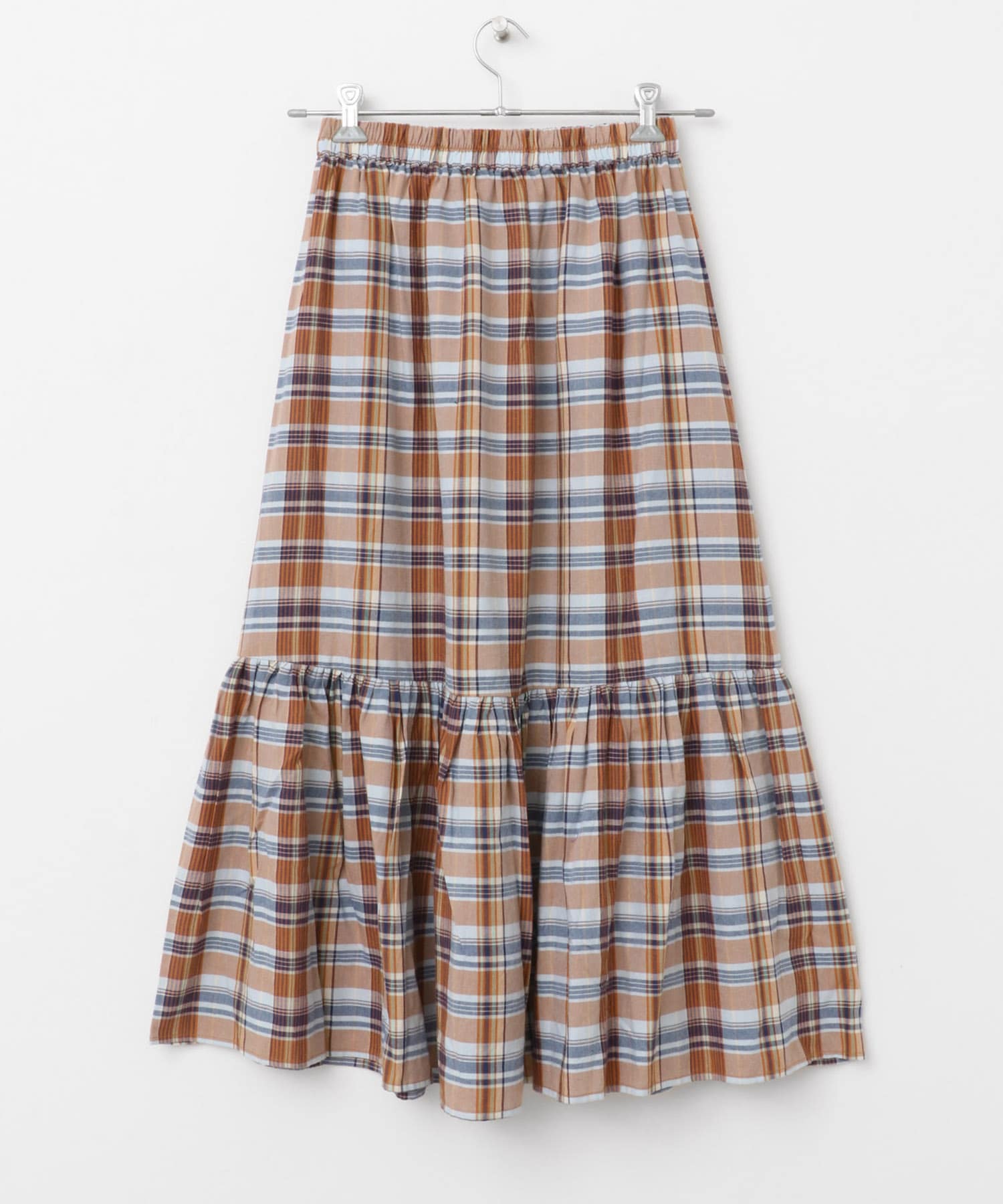 リネン混マドラスチェックスカート オレンジ系 FREE