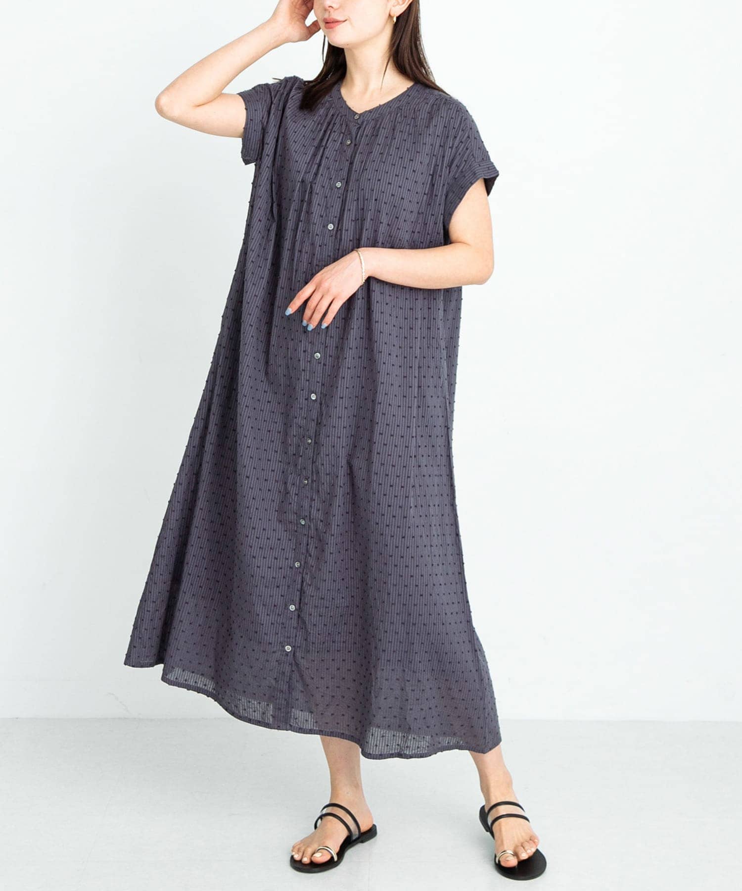 コットンストライプドビーギャザーワンピース