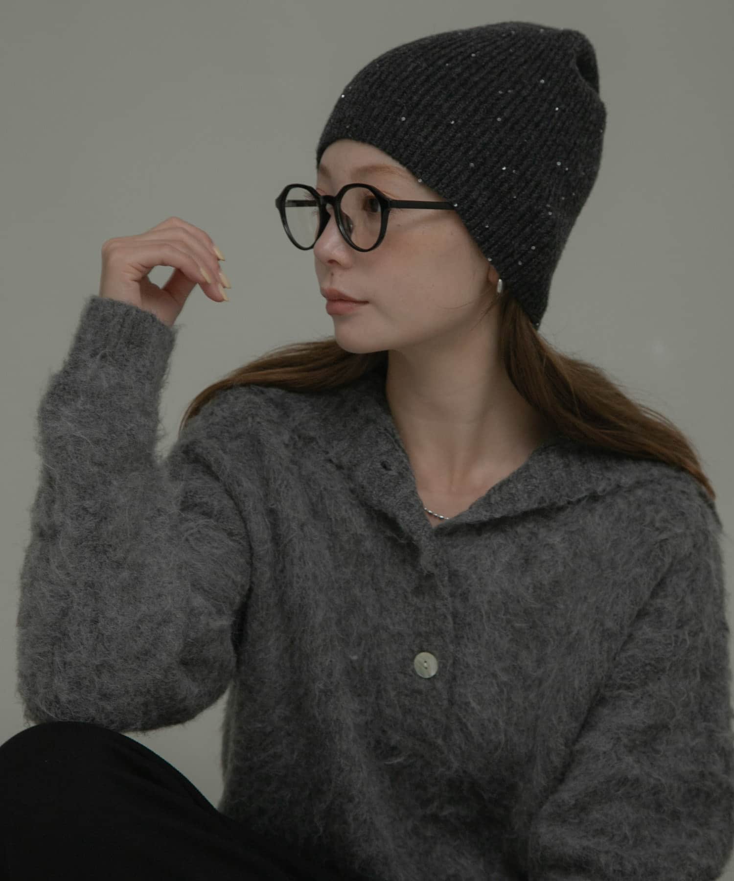 スパンコールラメニット帽 チャコール one