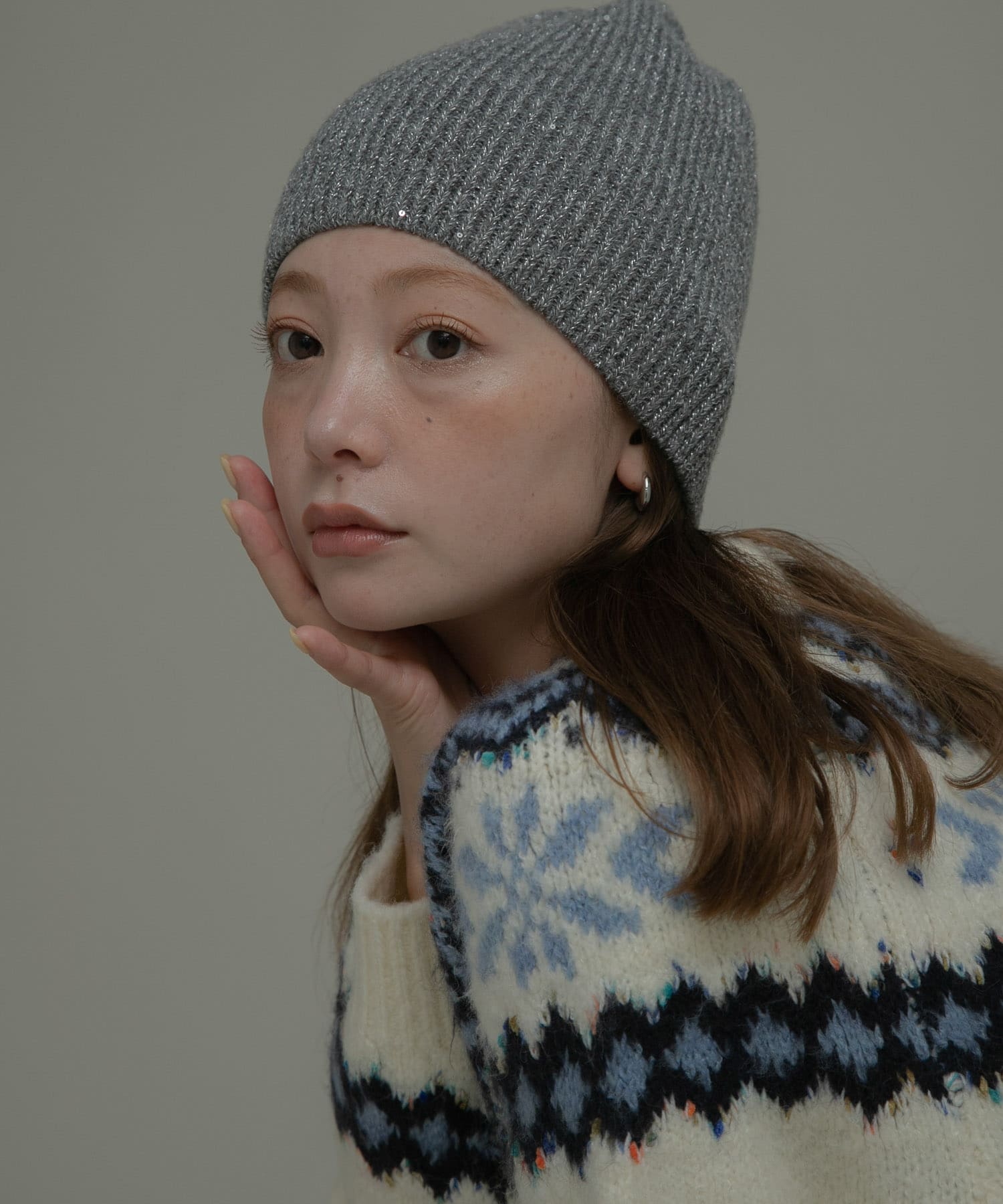 スパンコールラメニット帽 グレー one