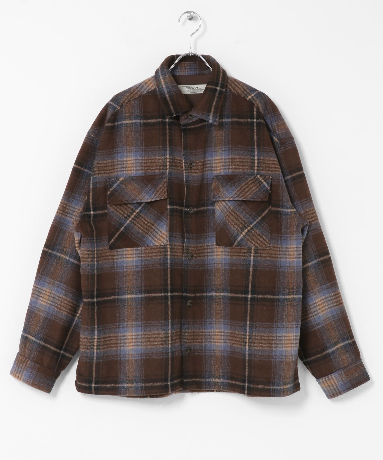 シャギーチェックダブルポケットシャツ ブラウン L